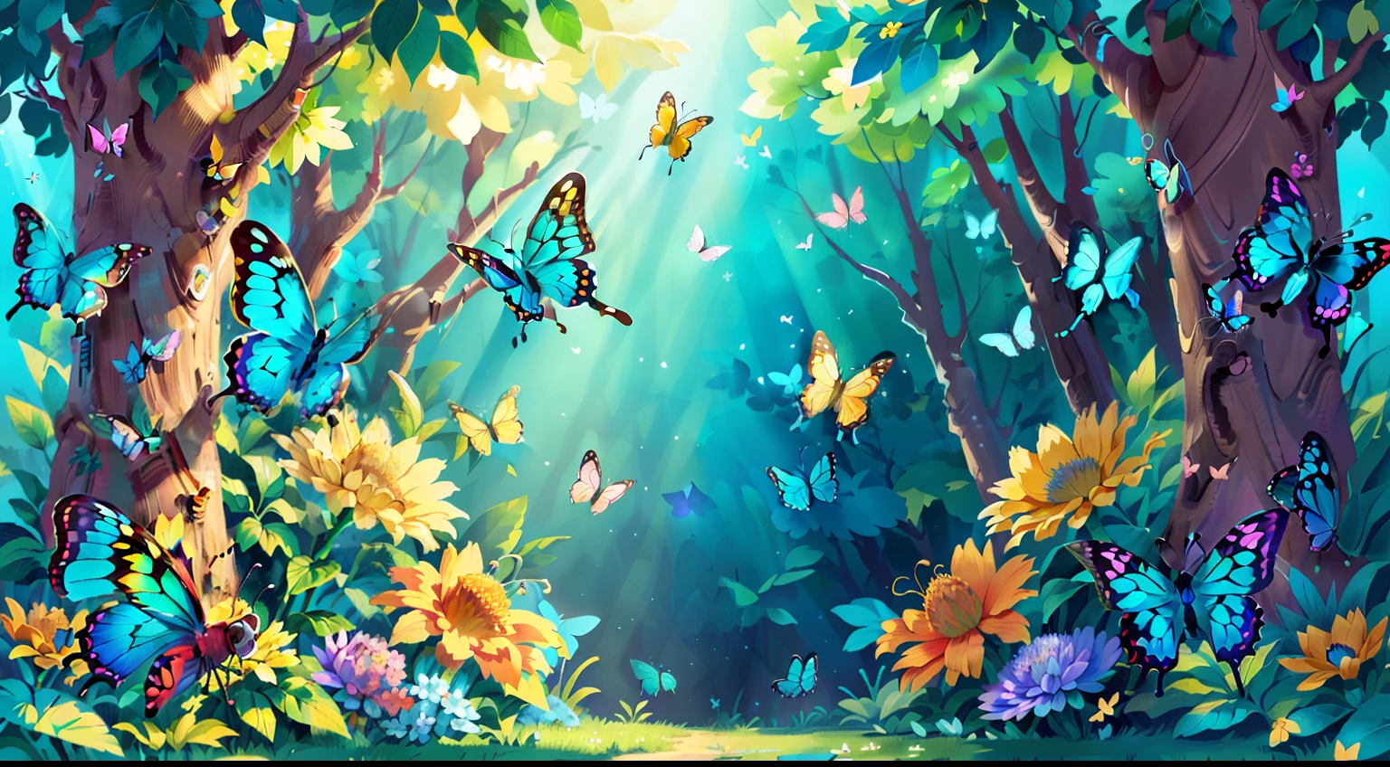 (butterflies,spacious, bright blue,yellow,pink,bright theme,4K ,vibrant colors, d, graceful fluttering, rays of sunlight filtering through the trees, a gentle breeze creating a sense of movement, a serene atmosphere, intricate patterns on their wings