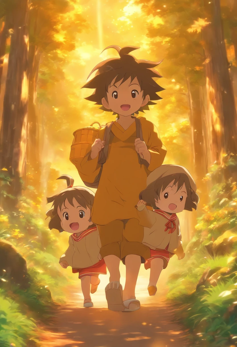 haruhi,rays of sunshine,In the mountains and forests,Two little girls,Look to one side,Carry the back basket,Crouch on the side of the road,There are medicinal herbs in the back basket,Holding Chinese herbs in his hands