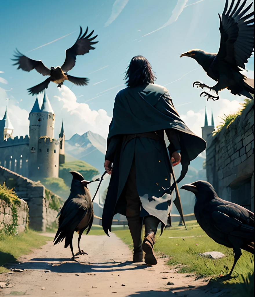 Play Severus Snape from the movie Harry Potter, walking and looking forward, in a medieval setting. In the background, there is a large medieval castle and several black crows flying overhead. On Severus Snape's shoulders, make two white ravens perch on him.
