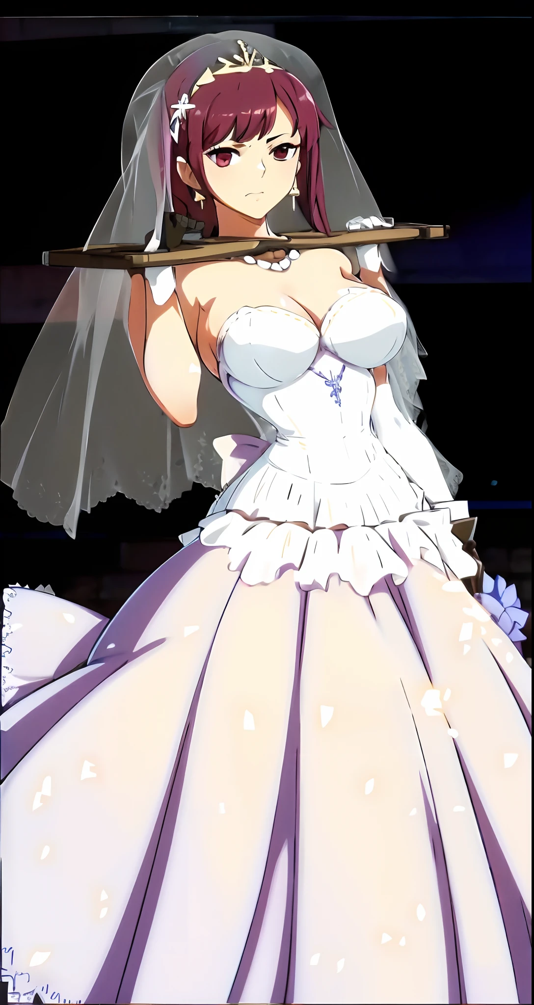 Close-up of a beautiful bride in a beautiful wedding dress, Gurvetz,( pillory:1.5), Flail on the head, Flail on the hands, Flail,(Bridal veil: 1.5), (Short transparent veil: 1.5), Flushed face, Head flower, head gear, (Tubular wedding dress: 1.5), (Silk dress: 1.2 ), (Strapless wedding dress: 1.5), Pure white dress, necklace, Earrings, (Huge breasts: 1.3), Deep V heart collar wedding dress, bangs, lipstick, (Lace gloves: 1.3), Full body photo, High detail RAW color art, a white long skirt, Whole body, with hands behind her back, and floor-length skirts,