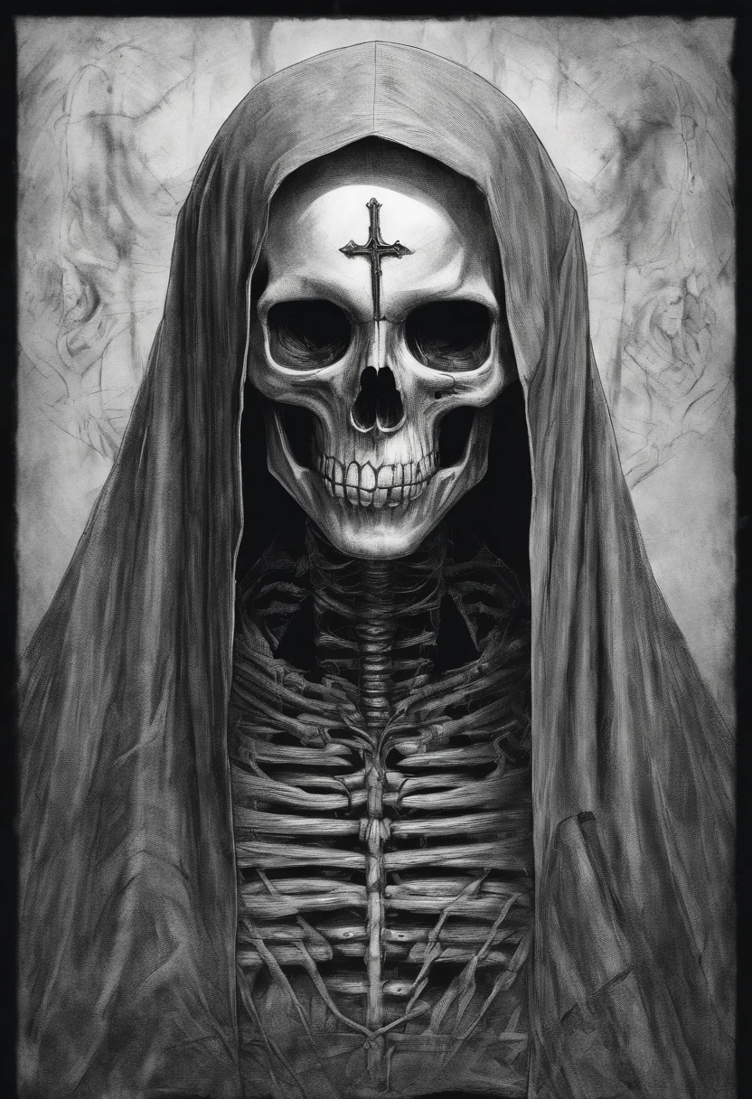 A black and white painting,Locked skull illustration, detailed 4k Fear artwork, Very detailed dark art, Fear!! Very detailed, Mark Reddick, Fear艺术, Nightmarish illustration, Creepy poster art, Fear illustration, chained skeleton, Weird and cold art style, The art of death in black metal music
