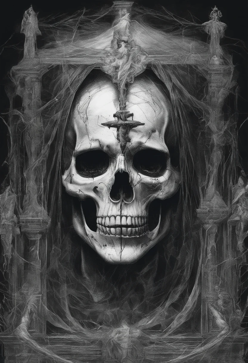 A sketch drawing of character skull Madonna, hyper-realistic, all black and white, drunk, artistic, image fill, Ultra-Wide Angle, Wide-Angle, 360 view, 16k