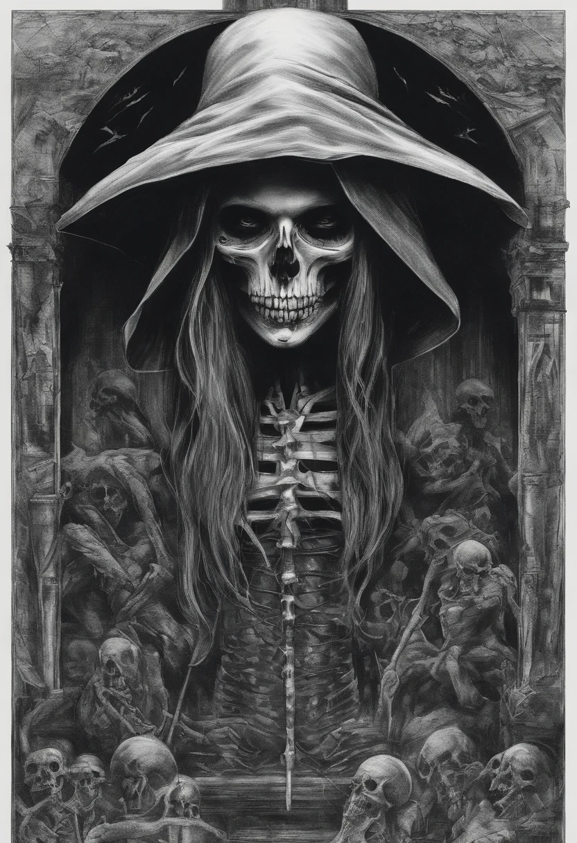 A sketch drawing of character skull Madonna, hyper-realistic, all black and white, drunk, artistic, image fill, Ultra-Wide Angle, Wide-Angle, 360 view, 16k