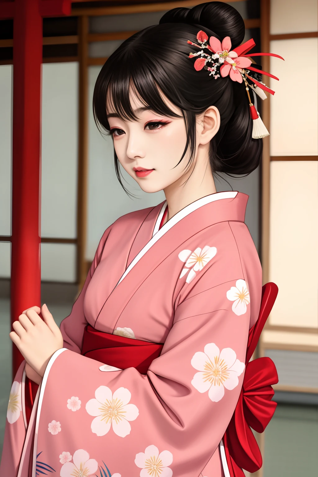 ((Big、a small face、No exposure))、top-quality、masterpiece、(Bun hair Black hair、Ponytail hair)、Brown eyes、⦅From the buttocks up is the whole body、Diagonally horizontal⦆、(4In K、masterpiece、hight resolution、Realistic and beautiful light and shadow、One girl、Solo Focus、(top-quality)、(Hi-Res)、(extremely delicate and beautiful)、(Beautiful 8k face)、(I close my eyes while smiling.)、(独奏)、(Clear skin)、(Soft hair)、(7headed body)、(Japanese style yukata kimono with red and pink floral pattern isolated on white background、Beautiful girl in Japan wearing yukata)、((Hair in a bun))、((Tanabata decoration background))、((a small face))、(reality)、thin and small nose、(red lipsticks)、(Reddening cheeks)、(Lustrous skin)、((Ukiyo-e style))、Ultra-thin eyebrows、Ultra high image quality、(Wearing maiko-style makeup)、skin whitening、long and beautiful lashes、Lustrous skin that changes like a model in a Kyoto magazine、(Red-dyed cheeks),Nasal muscle
