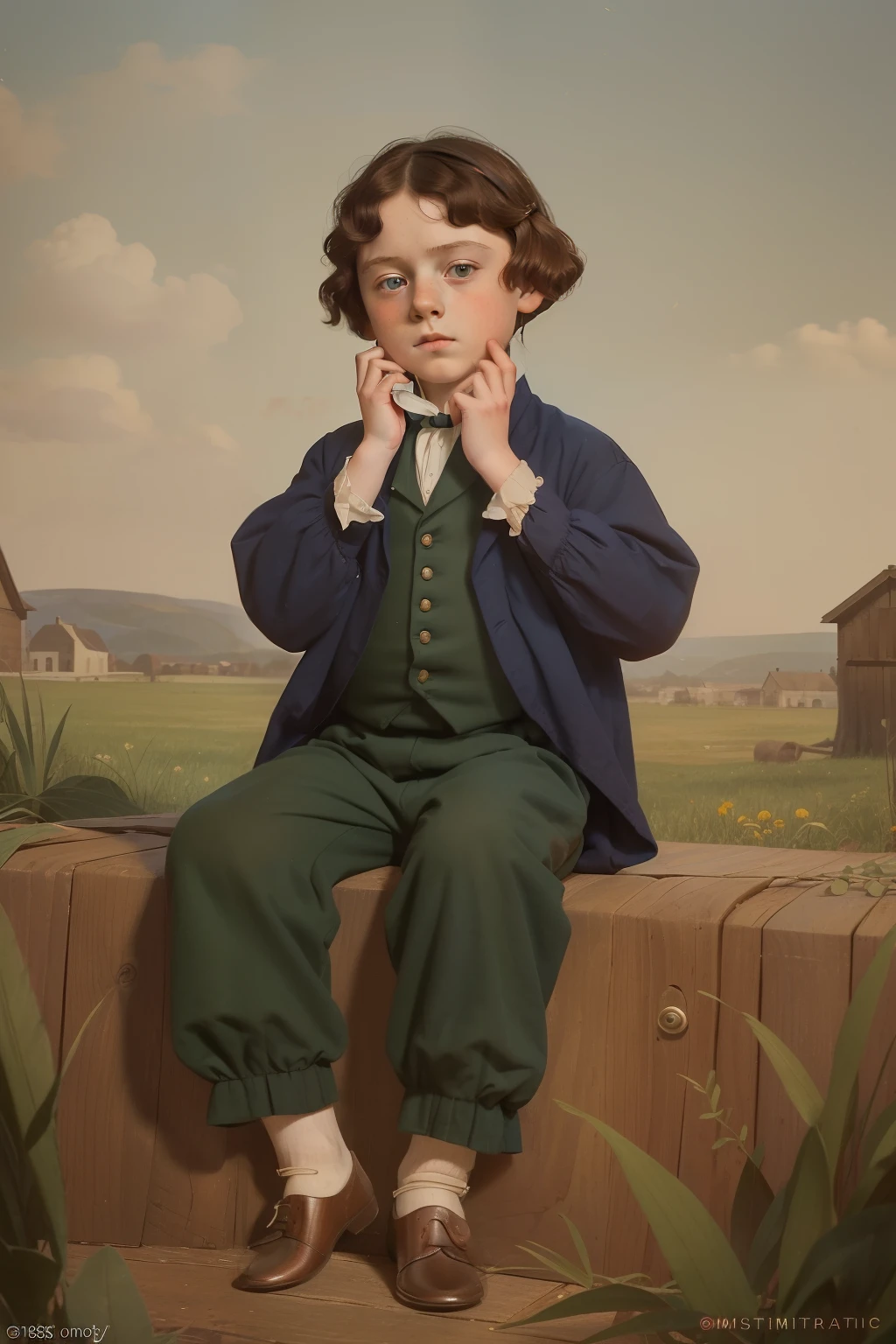 year: 1849. Location: Illinois. Pre-Raphaelite scene with a 6-year-old ((George MacKay)), , (((deaf))), (((covering his ears with his hands))), ((((Clothing from the 1840s)))) ((Hairstyle of the 1840s)), ((("OMITB" cinematography)))