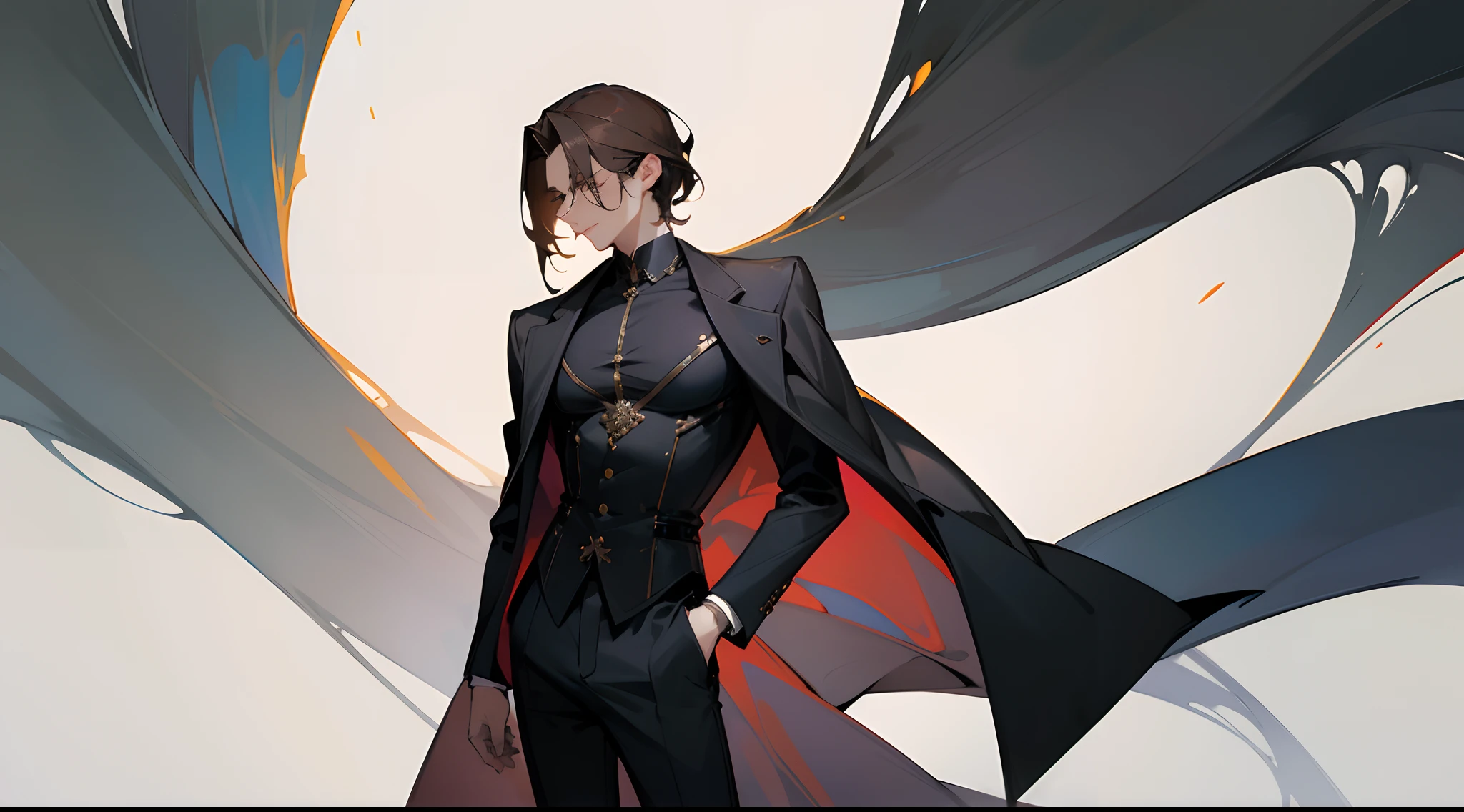 (Masterpiece, Best quality), Intricate details, 8K, art stations, the wallpaper, offcial art,Photorealsitic,Ultra-clear portrait style,Young male in his twenties,A two-dimensional beautiful man,Exquisite,Pretty big breasts,Brown hair,Silver-gray eyes,Slender and well-proportioned physique,Elegant black shirt,Black trousers,Gray coat,Straight hair at shoulder length,Gentle and melancholy temperament,Artistic,Lonely figure。