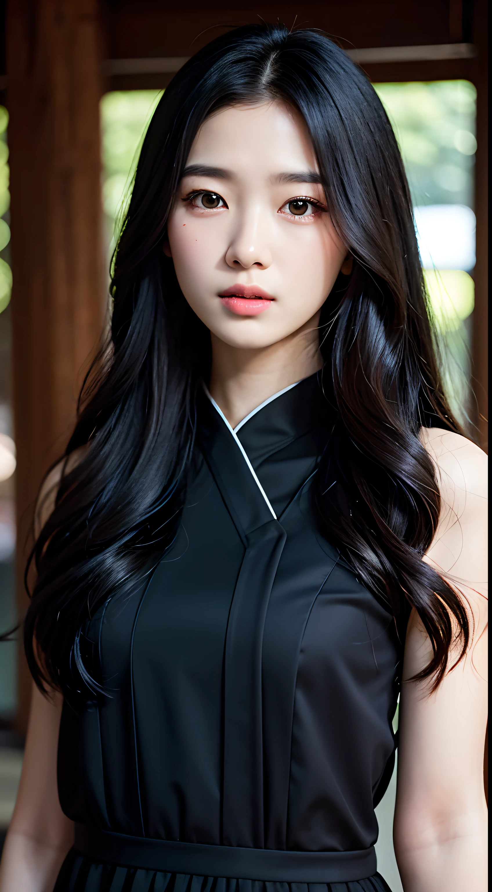 (Gyeongsan:1.5)Black suit,tmasterpiece, best qualtiy, RAW photogr, realisticlying, the face, Incredibly Ridiculous res, beuaty girl, adolable, wavy and long hair, depth of fields, A high resolution, ultra - detailed, finedetail, The is very detailed, extremely detailed eyes and face, realistic pupil, tack sharp focus, cinmatic lighting