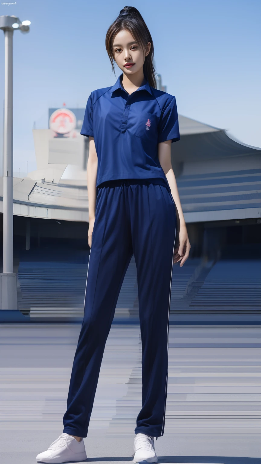 (bestquality,10,10,highres,masterpiece:1.2),ultra-detail,(Realistic,photorealistic portrait,photo-realistic:1.37),1 Cute girl in the football field,oily shiny skin,bara,light smile,BDclothes,((blue shirt:1.3)),short sleeves,shirt, trousers.,(navy_long_Pants Track:1.1), ((Stadium Background:1.3)),dynamic angle,excited,face focus,Dynamic Poses,from behide,Ass Focus,masterpiece, bestquality, ultra realistic, hyper-detail, 8k resolution, RAW photo, crisp focus, ((Navy blue shirt:1.1)), short sleeves, Long Path, Perfect body, 2 mature women, 18yo, cinematic light,Blue sweatpants,Gymware,Correct anatomy,Complete body, Correct body, sharp face, Anatomically correct body, full entire body, Realistic gestures, long-haired, Realistic poses,Wear long shorts..............,Long leg span,Shapely,Sculpting Girl, Slender Figure, mannequin mannequins, Shapely, Beautiful body,Blue sweatpants