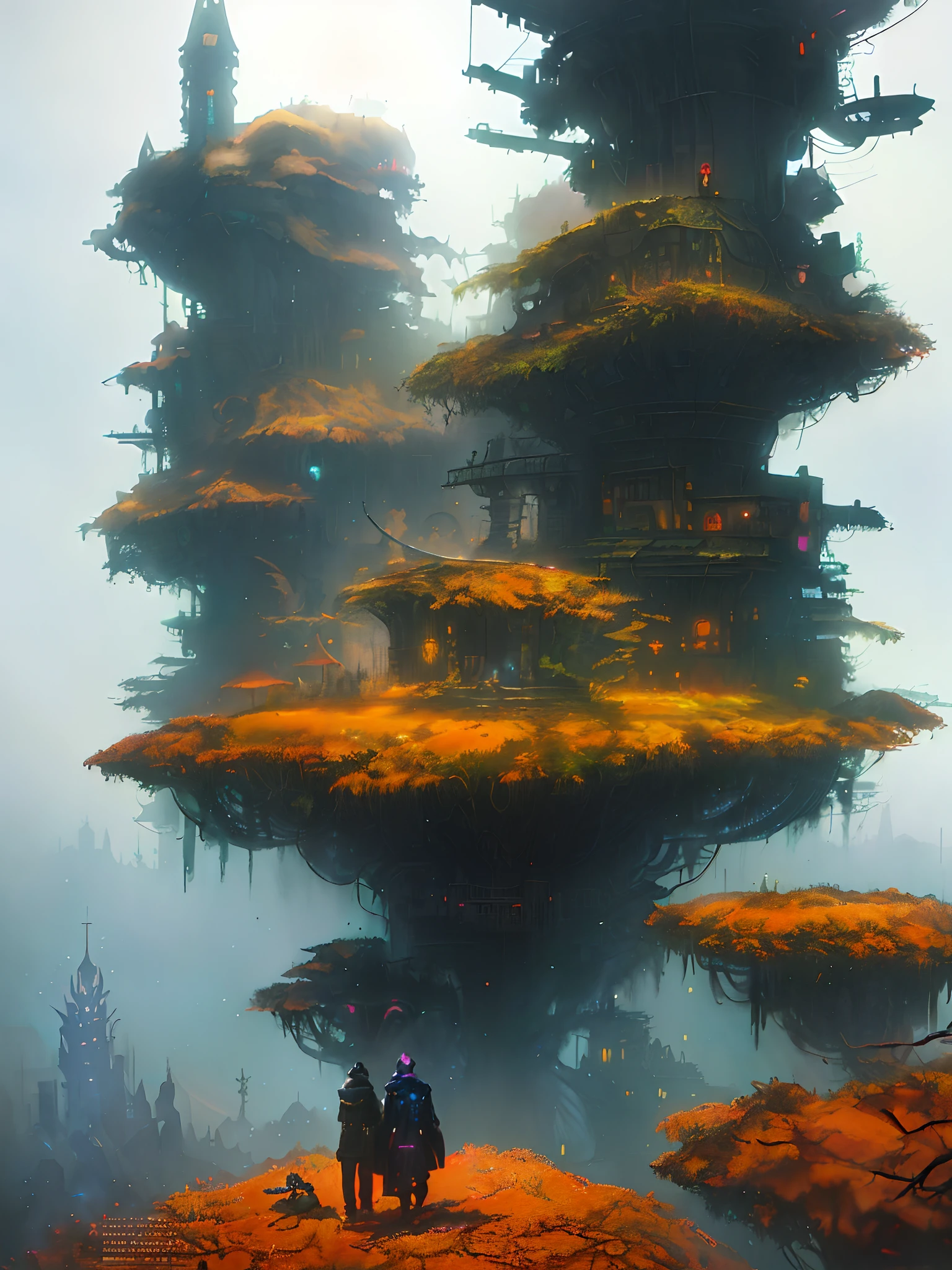 there are two people standing in front of a tall tree, paul lehr and beeple, inspired by Paul Lehr, concept art wallpaper 4k, mystical sci-fi concept art, andreas rocha style, andreas rocha and john howe, sci-fi fantasy wallpaper, epic fantasy sci fi illustration, lan mcque, cyberpunk tree house,halloween,watercolor