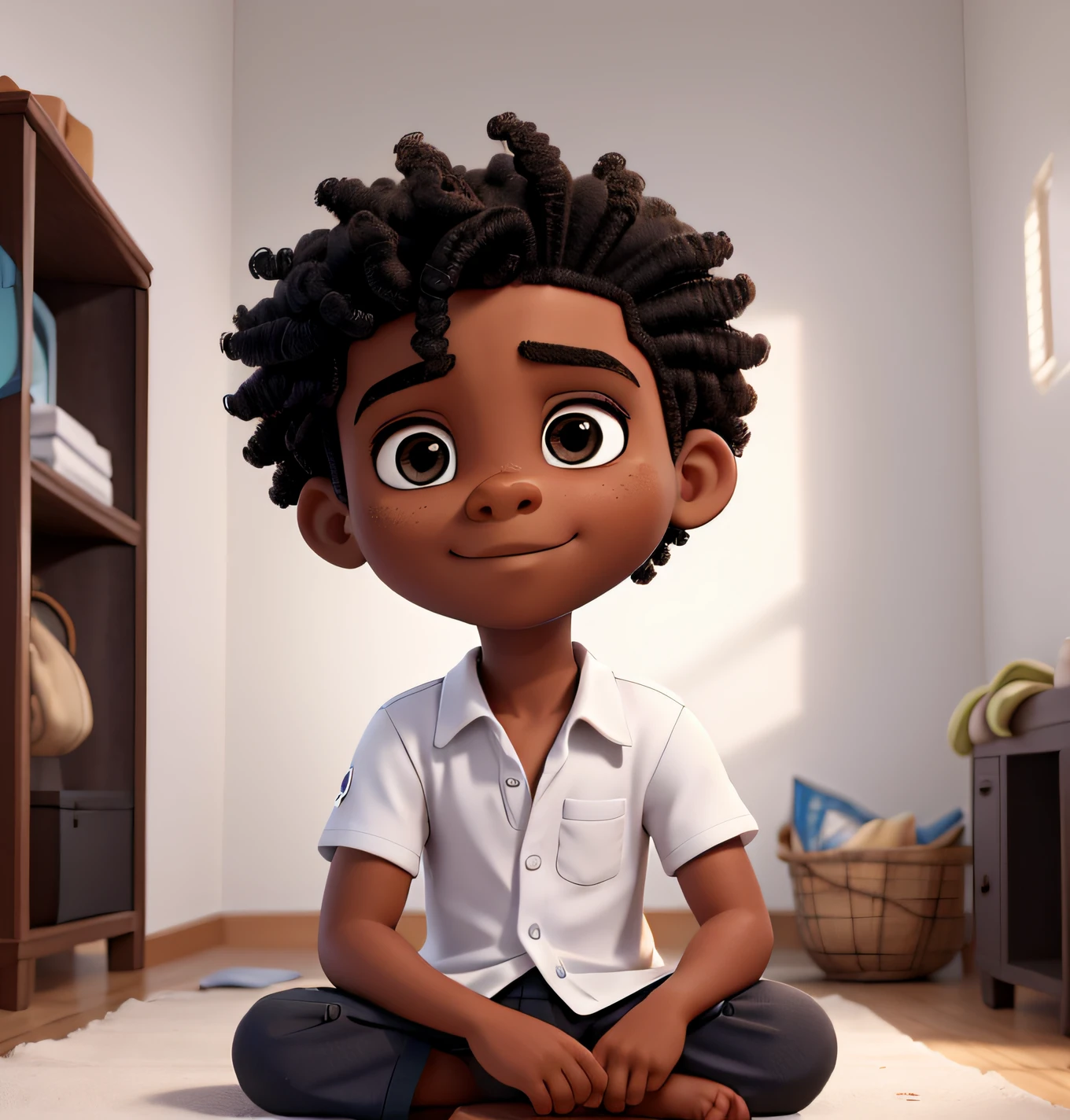 a young boy, 3y.o boy, african american, Front view sitting in bed, Looking at camera, black hair, Foto RAW,((camisa preta:1.2)), ((retrato)),afro-descendente, Use uma boina, cabelo estilo militar, Slim and slightly athletic body, Wear basic clothes, Homem de 18 anos, olhos castanhos, olhos perfeitos, ((fundo branco:1.2)), studio lighting, alta qualidade, filmic grain, Fujifilm XT3, Centralizado