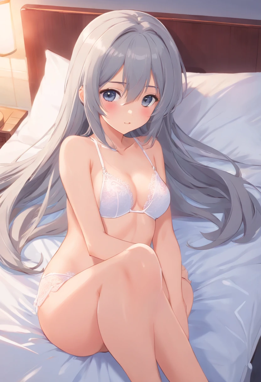 NSFW.Hentai、NSFW,a cute loli,Long grey hair,white panties,white under lingerie,largeeyes,On-bed,Lie down,Blushing and shy