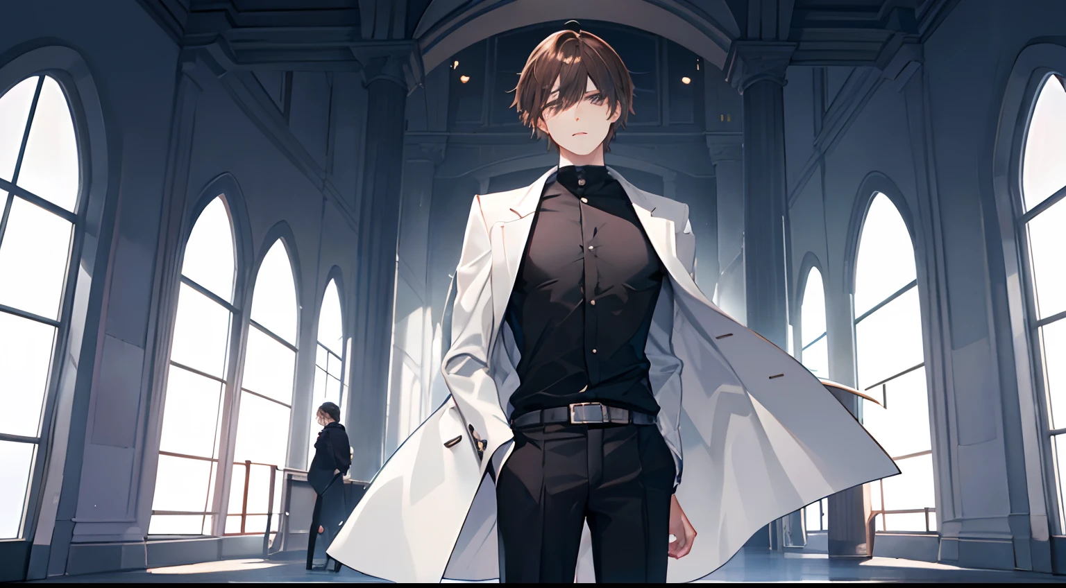 (A high resolution:16:9),outstanding,Ultra detail,Photorealsitic,Ultra-clear portrait style,Young male in his twenties,A two-dimensional beautiful man,Exquisite,Pretty big breasts,Brown hair,Silver-gray eyes,Slender and well-proportioned physique,Elegant black shirt,Black trousers,Gray coat,Straight hair at shoulder length,Gentle and melancholy temperament,Artistic,Lonely figure。