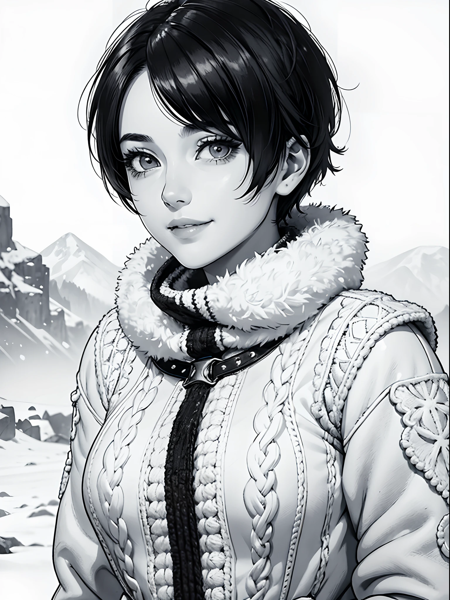 Beautiful woman, 25 years old, short hair (pixie cut), dressing sheepskin jacket, simple smile, busty, snow in the background, neck scarf (crochet), berserk art style, monochrome (black and white), just face and chest photo