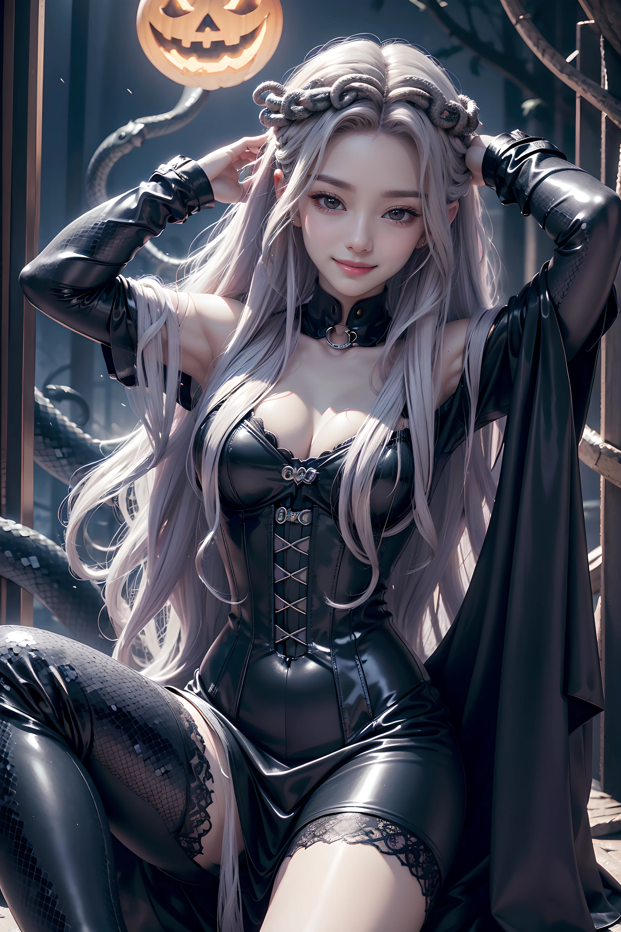 (Halloween theme:1.2), (fantasy:1.2), (dark theme:1.2), (film noir:1.3), monster girls, long hair, snakes, gorgon, snake hair, BREAK, Beautiful illustration, top-quality, (cute Russian medusa girl, white people:1.3, Caucasian:1.3), having medusa features, (medusa:1.5), BREAK, (medusa hair:1.5), (snake hair:1.3), (hair is composed of countless small snakes:1.3), (blue eyes, pale skin:1.1), (beautiful, 20 years old:1.5), slim, slender, (small-medium breasts), clean face:1.3, BREAK, (black elegant full lacy dress), (latex corset), (black latex stockings), (knee-high-over-boots, pin-hells), (insanely detailed clothes), BREAK, arms behind back, arms up on head, blue eyess, lovely thighs、(looking straight at the viewer), (view viewer:1.3), (upper body:1.3), from above, (fairytale:1.3), (Fantasy world halloween background:1.3), (jack O'lantern:1.3), (ghost:1.3), (playing ghost and jack O'lantern:1.3),
