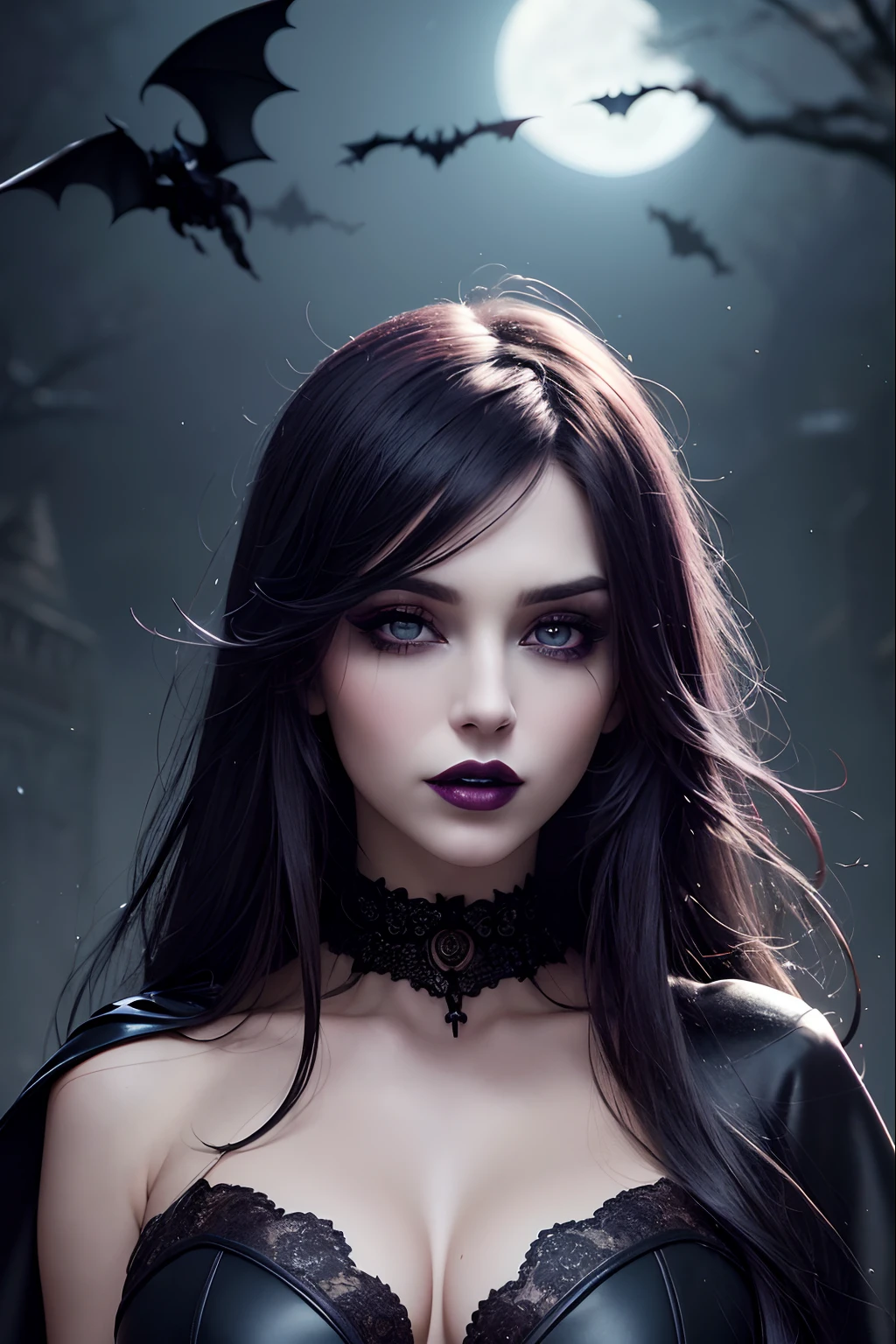 (Best Quality, 8k, 32k, Masterpiece, UHD:1.3), (Photo of Attractive Caucasian Gothic model Woman), 1 Girl, Raven from DC comics, DC comics, heavy makeup,  cape, choker, very pale skin, Ultra Detailed Face, Detailed Lips, Fine Eyes, black lipstick, Fine Eyes, double eyelids, evil looks, sexy looks, spooky background with ghost and bats and spiders