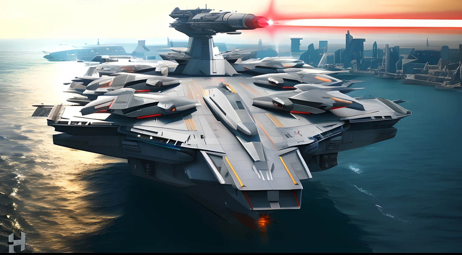 a close up of a large ship in the water with a red laser, aircraft carrier, realistic warship design, realistic military carrier, futuristic spaceship, futuristic starship, an iron man concept yacht, sci - fi spaceship in combat, scifi spaceship, aircraft carrier scene, military carrier rig, space ship above an island, science fiction spacecraft, lockheed concept art, futuristic spaceships