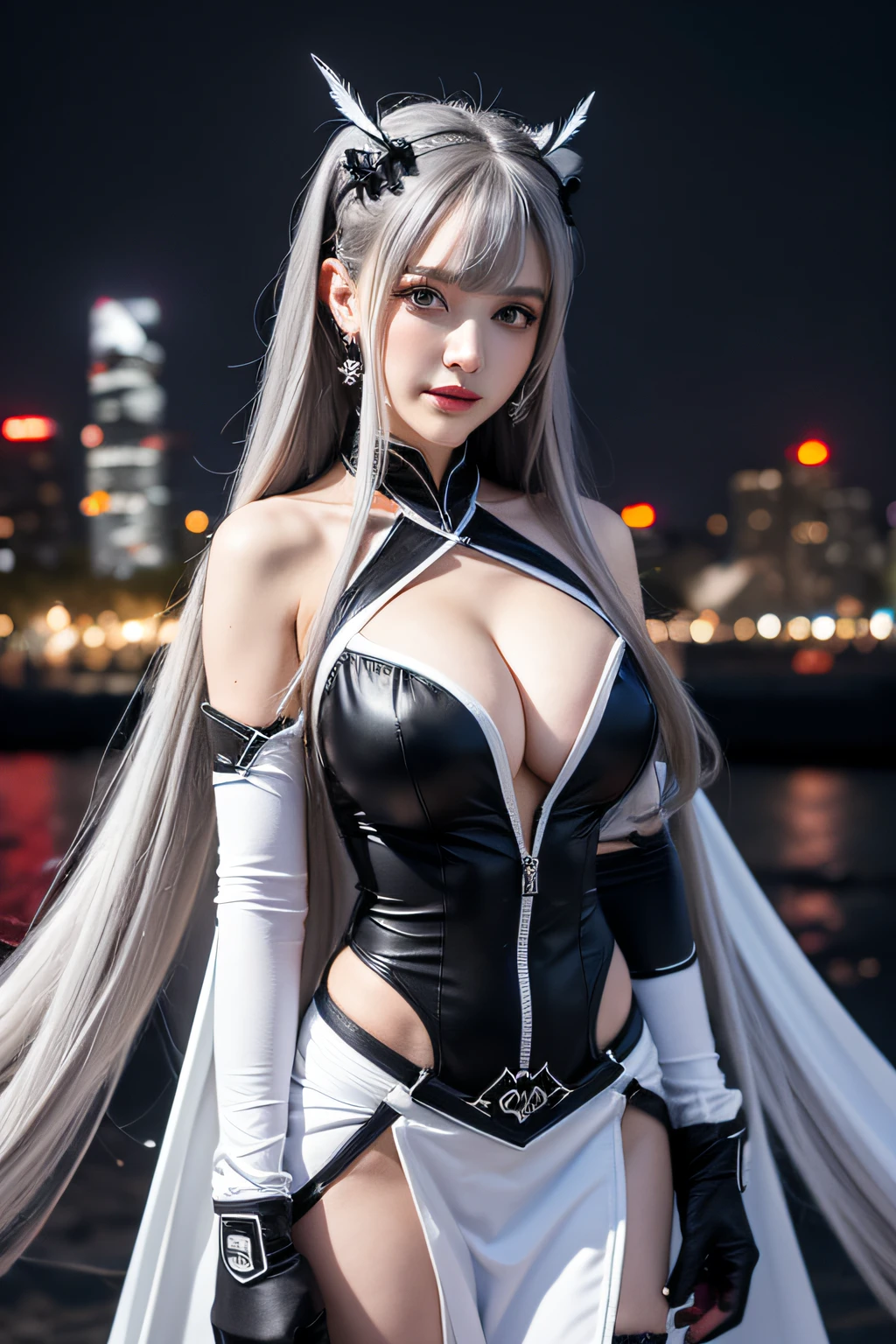(Realistic painting style:0.9), masutepiece, Best Quality, absurderes, Looking at Viewer, Solo, bronya zaychik (silverwing n-ex), bronya zaychik, Red pupils, 1girl in, Solo, breasts, Long hair, ((Female Keeper Cosplay)), Black and white costume、Grey Hair, cleavage, Looking at Viewer, Smile, Closed mouth, Bangs, grey eyes, Jewelry, single glove, earrings,gloves, Drill Hair, hair between eye, Large breasts, twin drills, White sleeves, Hair Ornament, Single-pole drone, city, Night、Female Keeper Cosplay, Black and white costume、