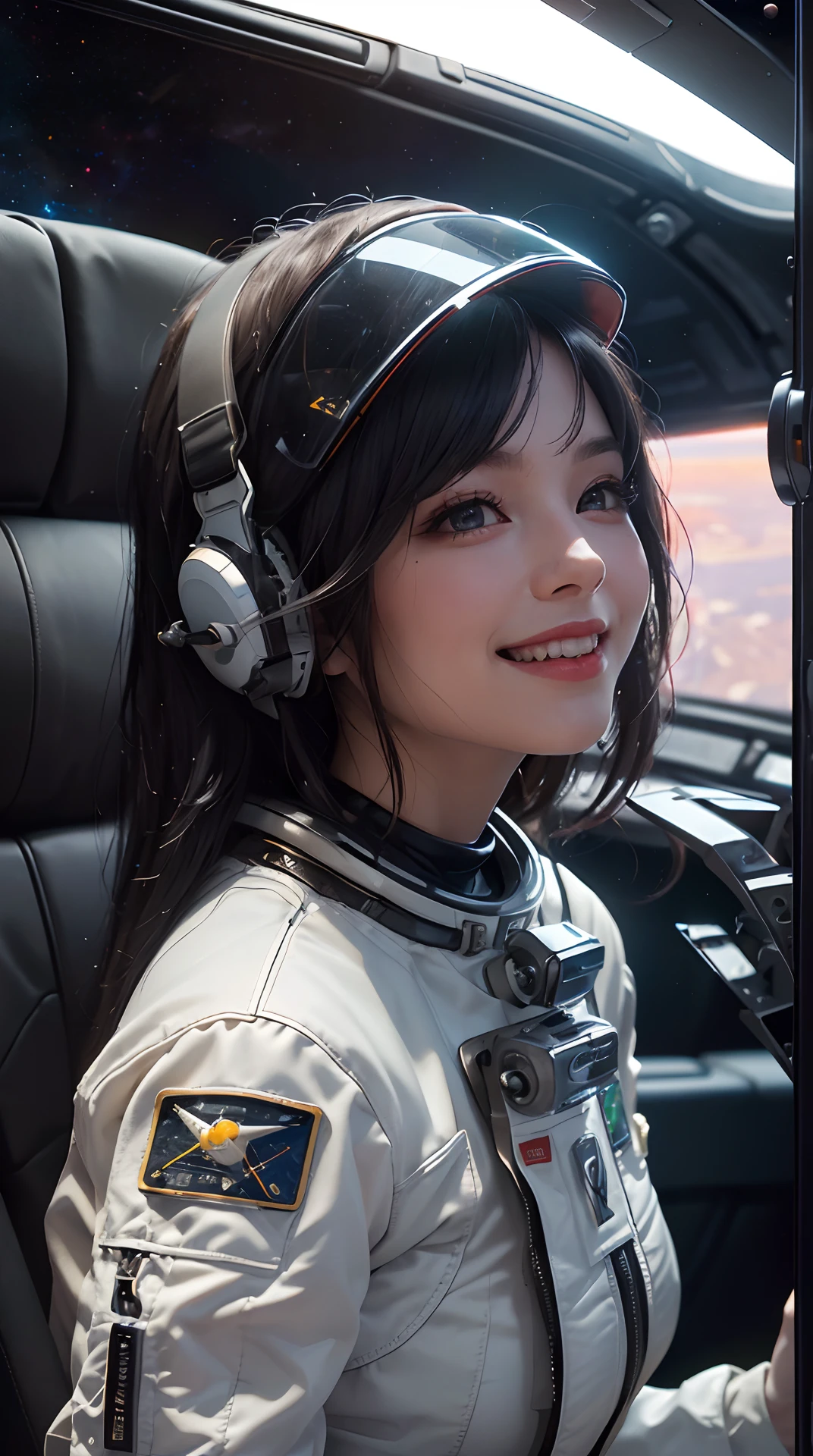 (best quality,4k,8k,highres,masterpiece:1.2), ultra-detailed, (realistic,photorealistic,photo-realistic:1.37), (beautiful detailed eyes, beautiful detailed lips, extremely detailed eyes and face, long eyelashes), studio lighting,physically-based rendering,vivid colors, (big tits, super big tits, super extra big tits:0.8), (back, hips), (portrait, smile and laugh:1.5), (space punk, space suits, metallic materials, sharp and futuristic designs, geometric patterns, transitions, three-dimensional elements, LED lights, hardware decorations, glow-in-the-dark elements, futuristic helmets, transparent visors, LED lights, heads-up displays, patches and emblems representing aerospace organizations and space exploration missions, advanced functionality, breathability, temperature control, water resistance, survival in space environments Characteristics:1.2), (space ship, cockpit:1.5),