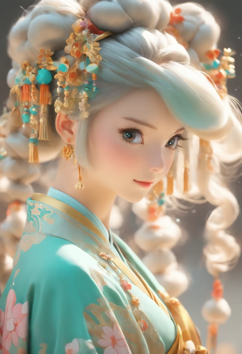 Three views, Full body shot, up front view, the sideview, posterior view ,Cute cartoon IP girl, Wear traditional Hanfu clothing, ,Fair skin, Flushed face, Wear intricate gold and silver jewelry,Turquoise, Light background, 。.。.3D, ,Octane rendering, bright movie light, advanced color scheme, High detail
