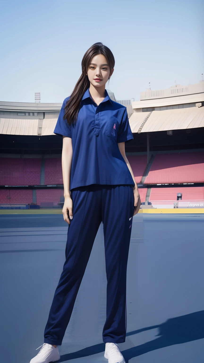 (bestquality,10,10,highres,masterpiece:1.2),ultra-detail,(Realistic,photorealistic portrait,photo-realistic:1.37),1 Cute girl in the football field,oily shiny skin,bara,light smile,BDclothes,((blue shirt:1.3)),short sleeves,shirt, trousers.,(navy_long_Pants Track:1.1), ((Stadium Background:1.3)),dynamic angle,excited,face focus,Dynamic Poses,from behide,Ass Focus,masterpiece, bestquality, ultra realistic, hyper-detail, 8k resolution, RAW photo, crisp focus, ((Navy blue shirt:1.1)), short sleeves, Long Path, Perfect body, 2 mature women, 18yo, cinematic light,Blue sweatpants,Gymware,Correct anatomy,Complete body, Correct body, sharp face, Anatomically correct body, full entire body, Realistic gestures, long-haired, Realistic poses,Wear long shorts..............,Long leg span,Shapely,Sculpting Girl, Slender Figure, mannequin mannequins, Shapely, Beautiful body,Blue sweatpants