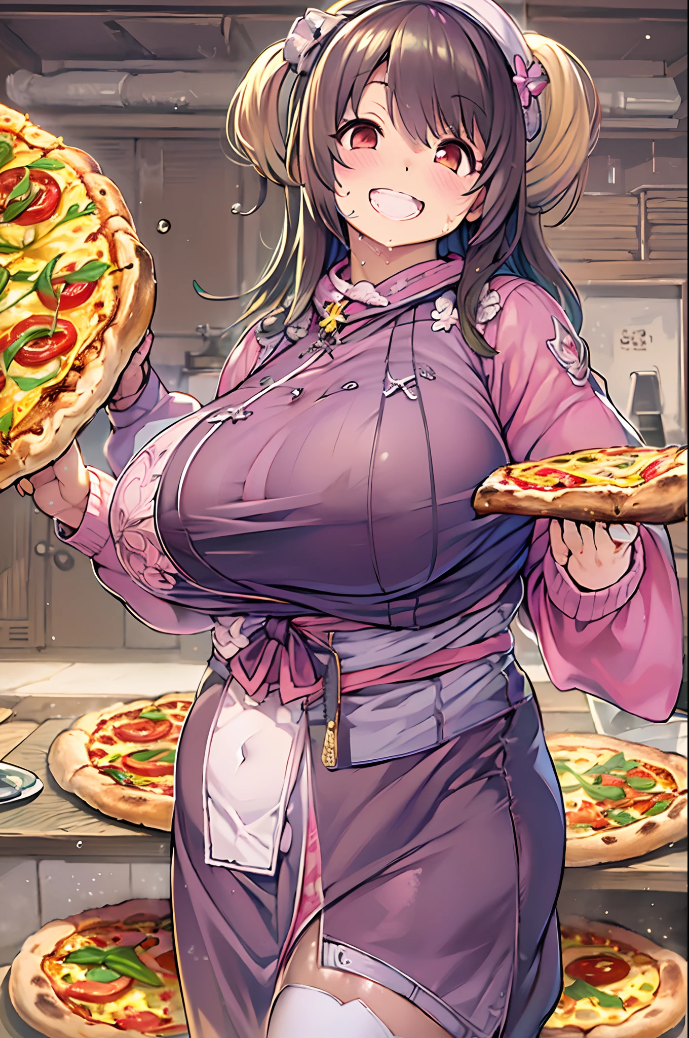 masutepiece, Best Quality, 女の子1人、huge-breasted、bbw、Holding (Slice pizza)1.5、Thumbs up、huge smile