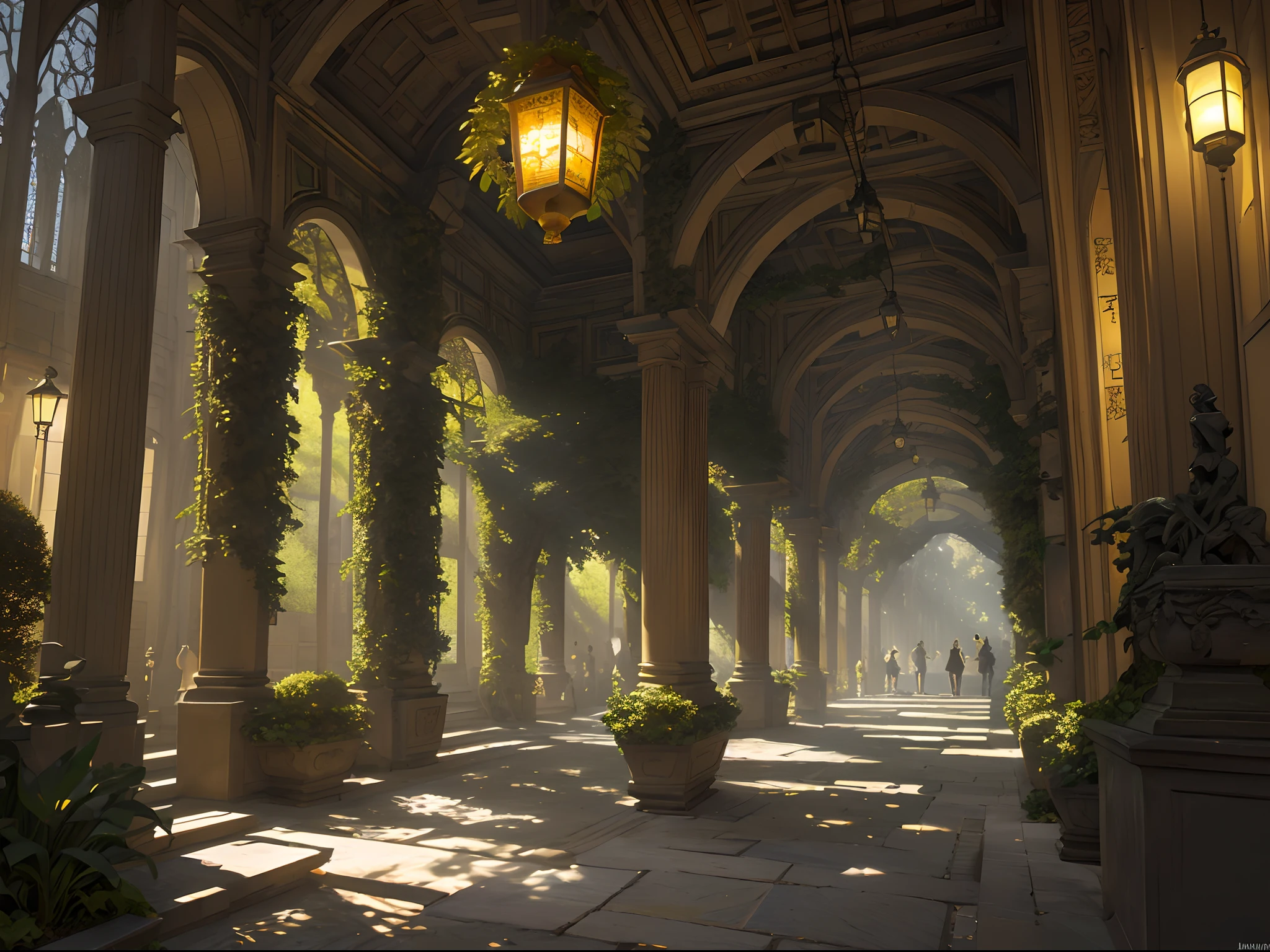 (masutepiece, Best Quality, Highly detailed, Convoluted), There are many green plants and trees on both sides of the garden walkway.、Lantern suspended from the ceiling, Florence Engelbach, Tone Mapping, Flemish Baroque, German Romanticism, Cinematic composition, Beautiful lighting