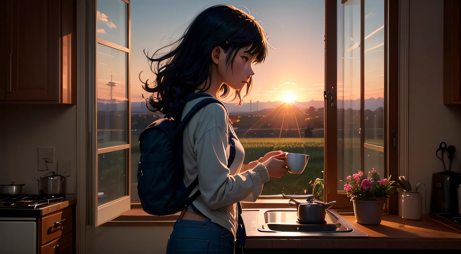 Lofi girl in kitchen, looking out of window near sink, steaming cup of tea in hand, cat on table,Makoto Shinkai style, trending on ArtStation, UHD::1.5 centered composition at sunset in country lane with rustic charm:: Warm lighting, long shadows, telephoto lens:: hands, fingers::-0.5 --ar 16:9 --niji --style scenic (Full of tension, full of dramatic picture), (vast sky), (beautiful skyline), (large grassland), (high hanging North Star), (colorful natural light), (long-sleeved top), (denim Shorts),(girl, carrying a backpack),(black hair),(slightly curly hair),(front view),(silhouette in the sun):(0.8), (moving visual effect),(large area of grass), (Flowers in the grass), (NASA-level stars), (fresh, natural lighting), (a new moon), (beautiful sunrise), (dynamic photographer&#39;s angle): (scenery details) ,(Brightly colored landscape),(Clear and sharp depth of field),(Pure blue sky): (0.5)