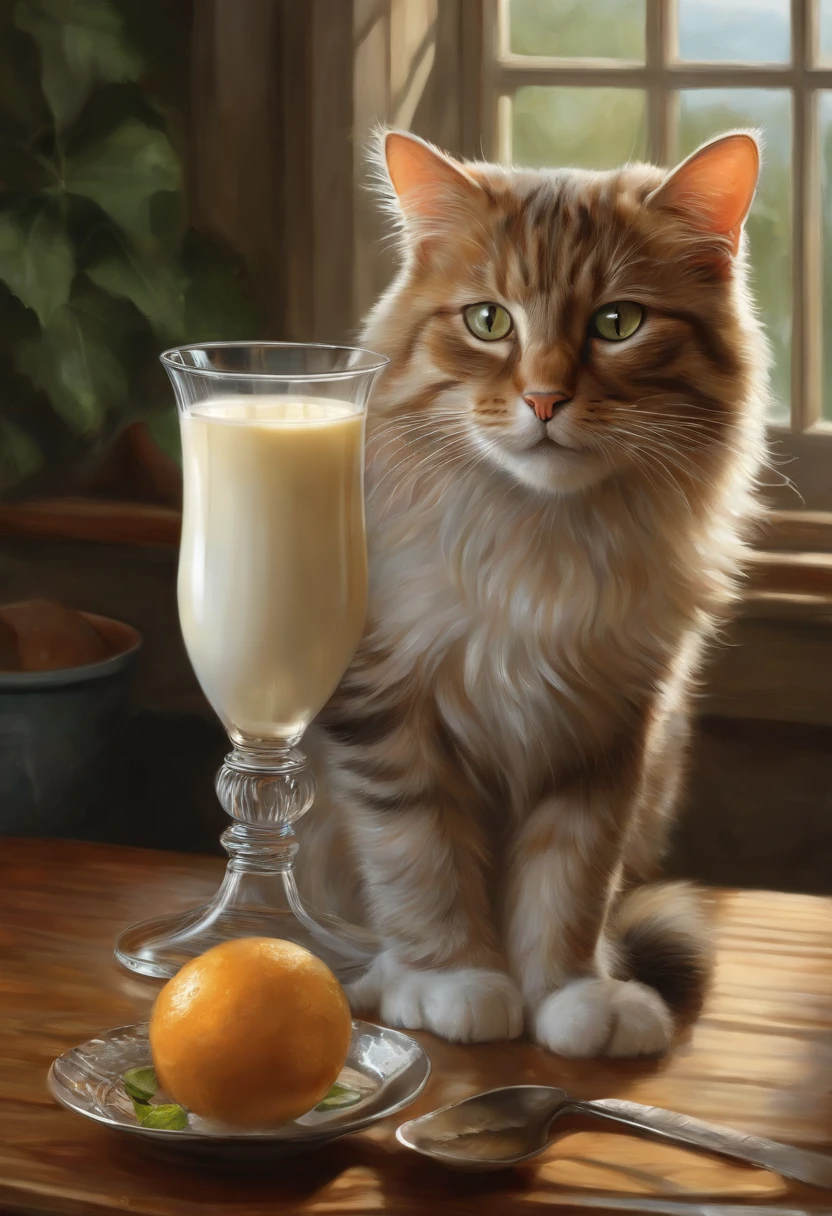 A cat was sitting next to a glass of milk, Cat's milk drinks, Illustration of 1 cat, Ultra-realistic illustrations, Ultra-realistic illustrations, hyperrealistic illustration, a cat. realistic painting, Author:Wayne England, realistic illustration, Ultra-realistic illustrations, Portrait, close portrait, Award-winning surrealism, Author:Lisa Mirroy, Galen Dara