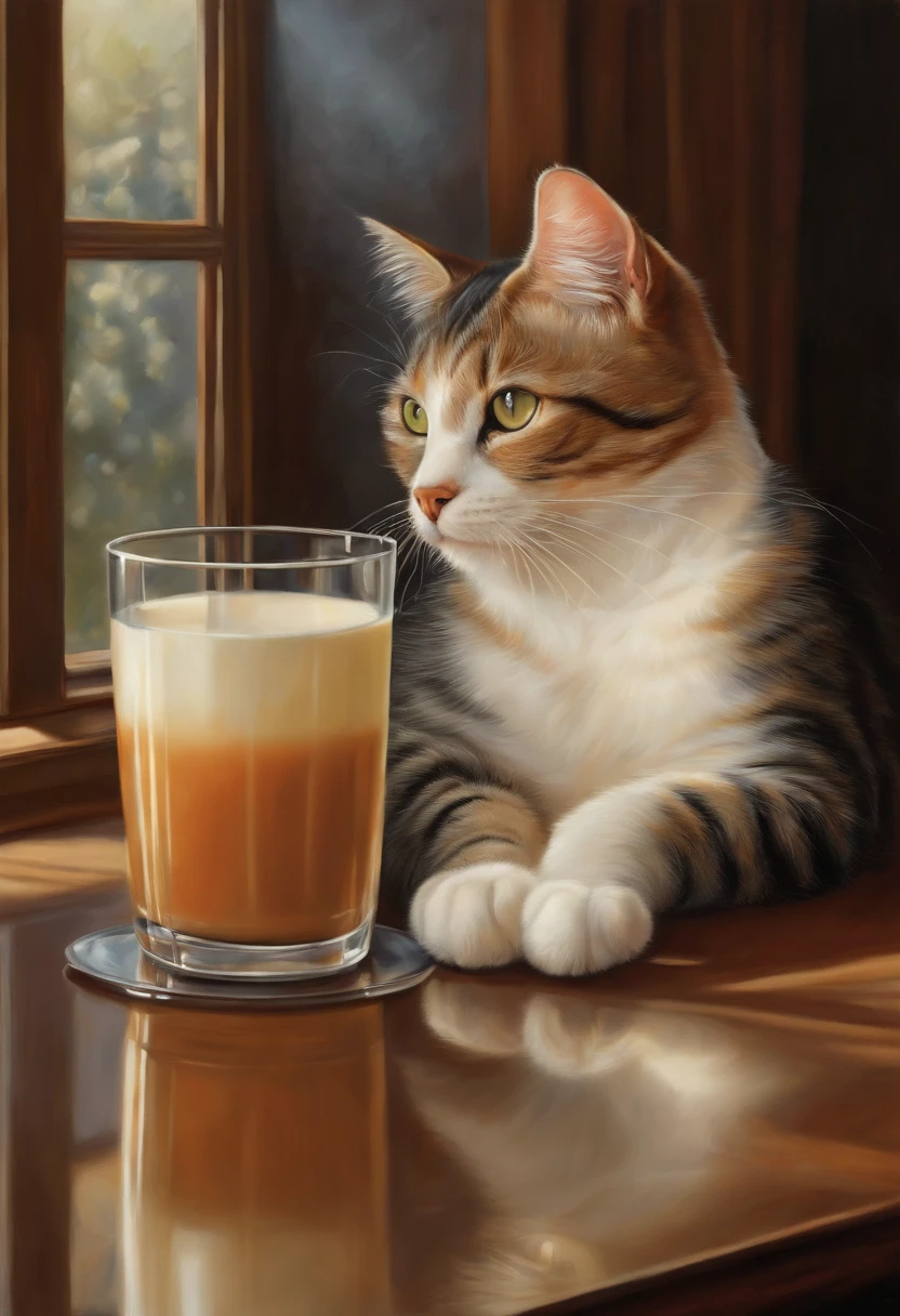 A cat was sitting next to a glass of milk, Cat's milk drinks, Illustration of 1 cat, Ultra-realistic illustrations, Ultra-realistic illustrations, hyperrealistic illustration, a cat. realistic painting, Author：Wayne England, realistic illustration, Ultra-realistic illustrations, Portrait, close portrait, Award-winning surrealism, Author：Lisa Mirroy, Galen Dara