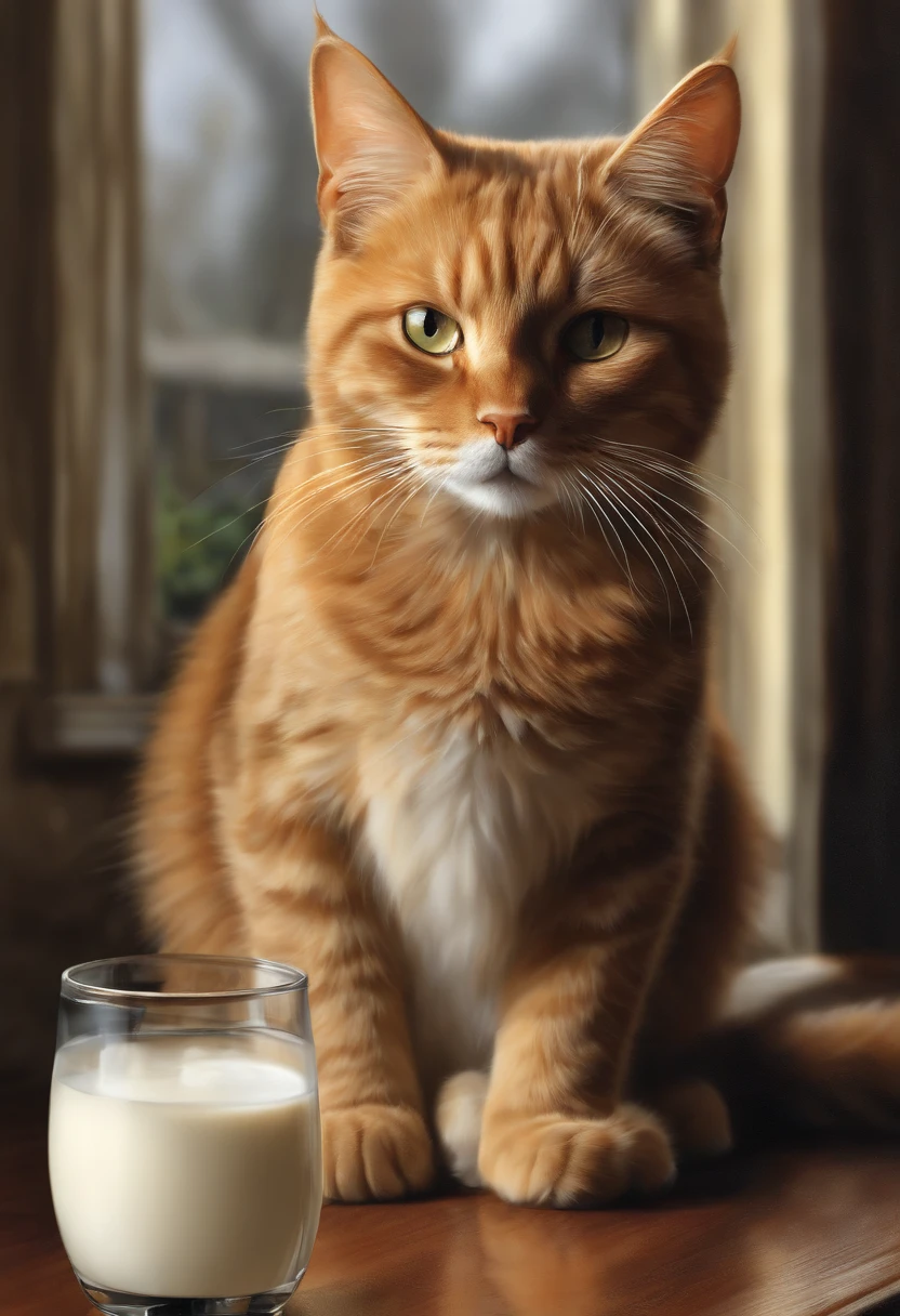A cat was sitting next to a glass of milk, Cat's milk drinks, Illustration of 1 cat, Ultra-realistic illustrations, Ultra-realistic illustrations, hyperrealistic illustration, a cat. realistic painting, Author:Wayne England, realistic illustration, Ultra-realistic illustrations, Portrait, close portrait, Award-winning surrealism, Author:Lisa Mirroy, Galen Dara