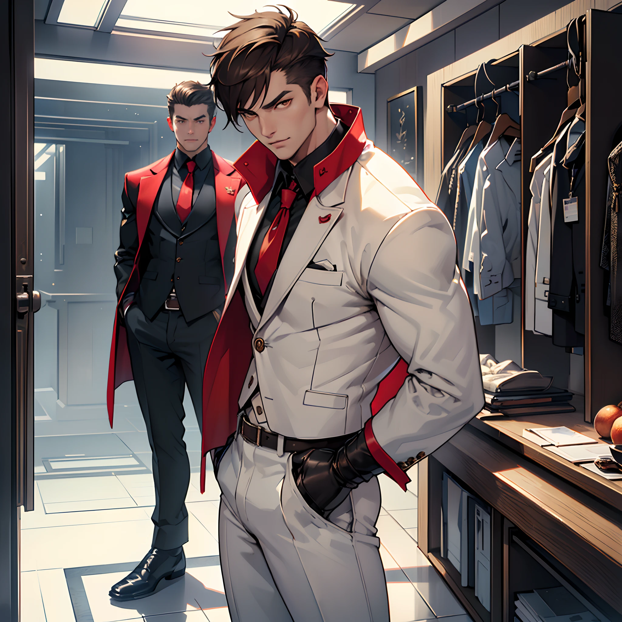 tmasterpiece,Best quality at best,Dadalya(Genshin Impact),mitts,Bulging muscles,(white business suit,Casual wear tie)Bulging of the pectoral muscles,((Exposing the pectoral muscles))White gloves,Abs,Perfect anatomy, Skin texture, thick dark buzzcut hair, See-through bang, Light eyebrows, symmetrical eyebrow, Big bright eyes, Symmetrical eyes, square shapes, big straight nose, Closed mouth, double-edged polearm, Broad shoulders,White clothing, bdominal stretch, tight-fitting, Leather collar, stand-up collared shirt, tiese, waistcoat, Open thickened glossy white leather jacket, Eight-pack abs, White leather mobile phone gloves, White trousers, Leather belt, spreading long thin legs, The large column is 10 inches long,3 inches wide, The erection, The large,with testicles, Masturbation, high-heeled leather boots, Soft smile, Handsome, Powerful, From the front side, looking ahead at viewer, day, Masterpiece, Best quality, Hyper-detailed, intricately details, Professional photography, Mattire, Bright, the most beautiful ever seen, post-proces, dreamatic lighting, Ambient lighting, Epic composition, very wide angle shot, uplit, ray-traced reflection, Depth of field, Gorgeous background,malefocus,1boy,red eyes,black glove,独奏,Brown hair,Yellow eyes,Red cape,hair between eye,((Bulging crotch)),Sexy,(Masterpiece, Best quality),(white business suit),self-assured,having fun,big laughter,white pantie