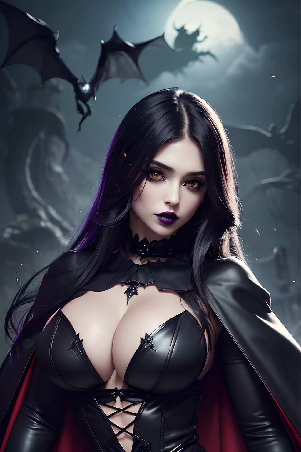 (Best Quality, 8k, 32k, Masterpiece, UHD:1.3), (Photo of Attractive Caucasian Gothic model Woman), 1 Girl, Raven from DC comics, DC comics, heavy makeup, cape, choker, very pale skin, Ultra Detailed Face, Detailed Lips, Fine Eyes, black lipstick, Fine Eyes, double eyelids, big boobs, evil looks, sexy looks, spooky background with ghost and bats and spiders, very close shot