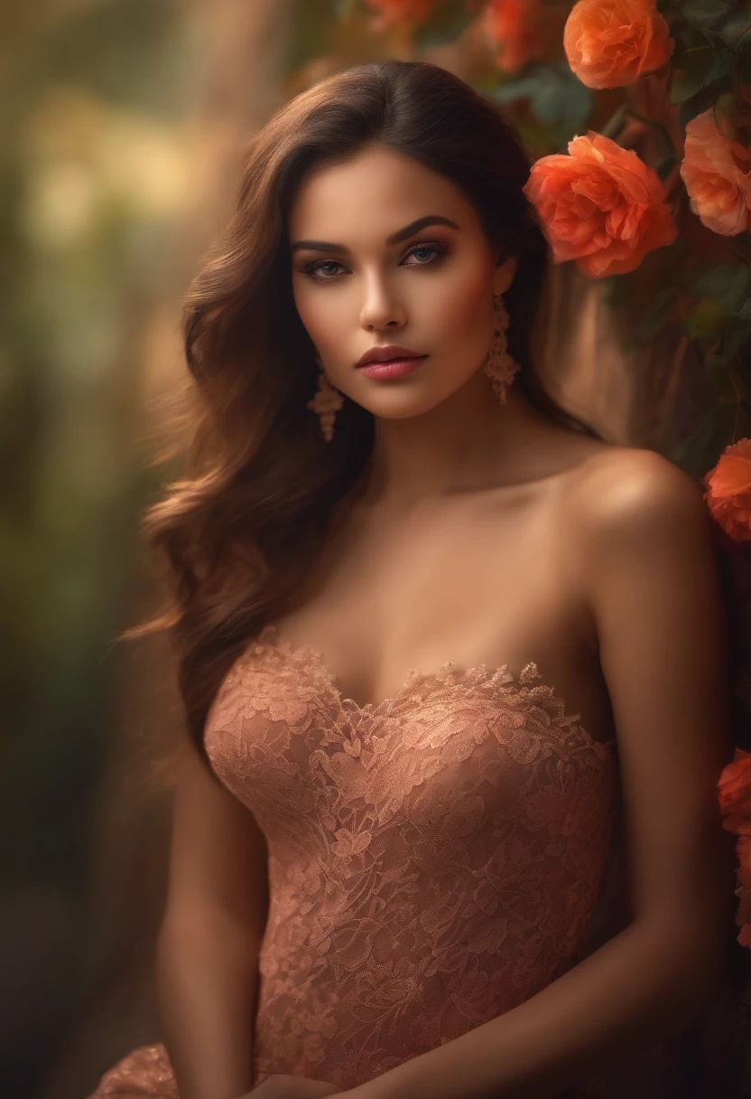 detailed beauty, seductive pose, vibrant colors, soft lighting, surreal background, artistic brushstrokes, captivating expression, delicate fabric, intricate lace, high-resolution, photorealistic, elegant composition.