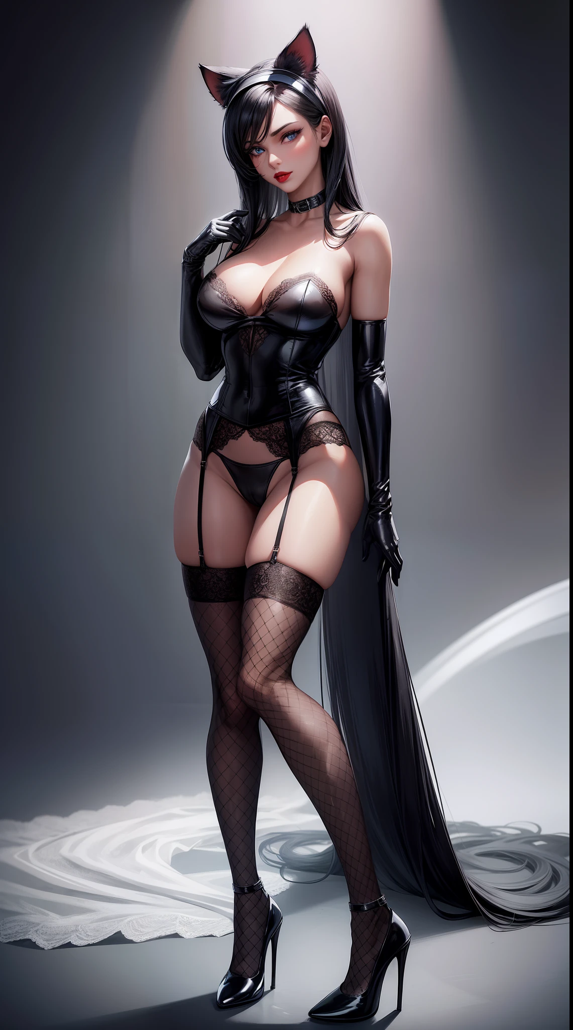 masterpiece,(bestquality),highlydetailed,ultra-detailed, dark, solo, expressionless,dark skin, blue eyes, short hair, silver hair, white hair, busty, shy, modest, inexperienced, cat ears， (black hair), (revealing outfit), (sheer bodystockings), (high heels), (garter belt), (choker), (lace), (fishnet), (whips), (leather gloves), (red lipstick), (seductive gaze)