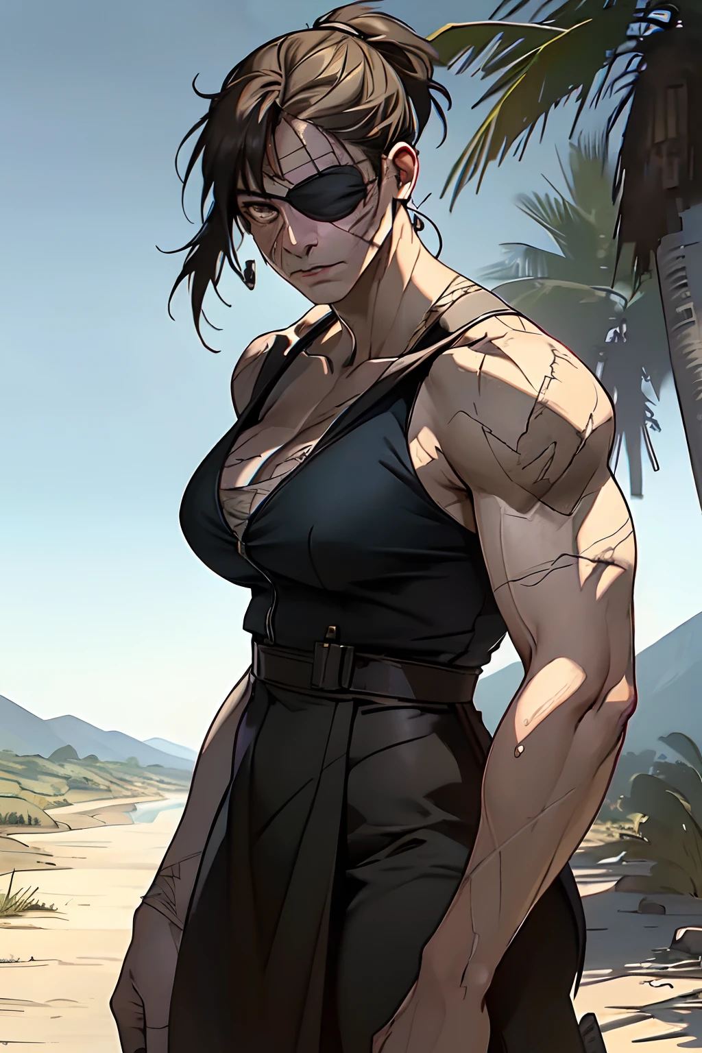 ((Best quality)), ((masterpiece)), ((realistic)), ((beautiful female mercenary)), (milf:1.4), (face scars:1.4), Scars on her body, sweat, strength, perfect perspective, highly detailed, summer landscape, scenic, a true masterpiece, tall, slender, in shape, fitness, ((female focus)), woman, tomboy, marimacho, (eye patch:1.1), very thin waist, huge hips, upper boddy