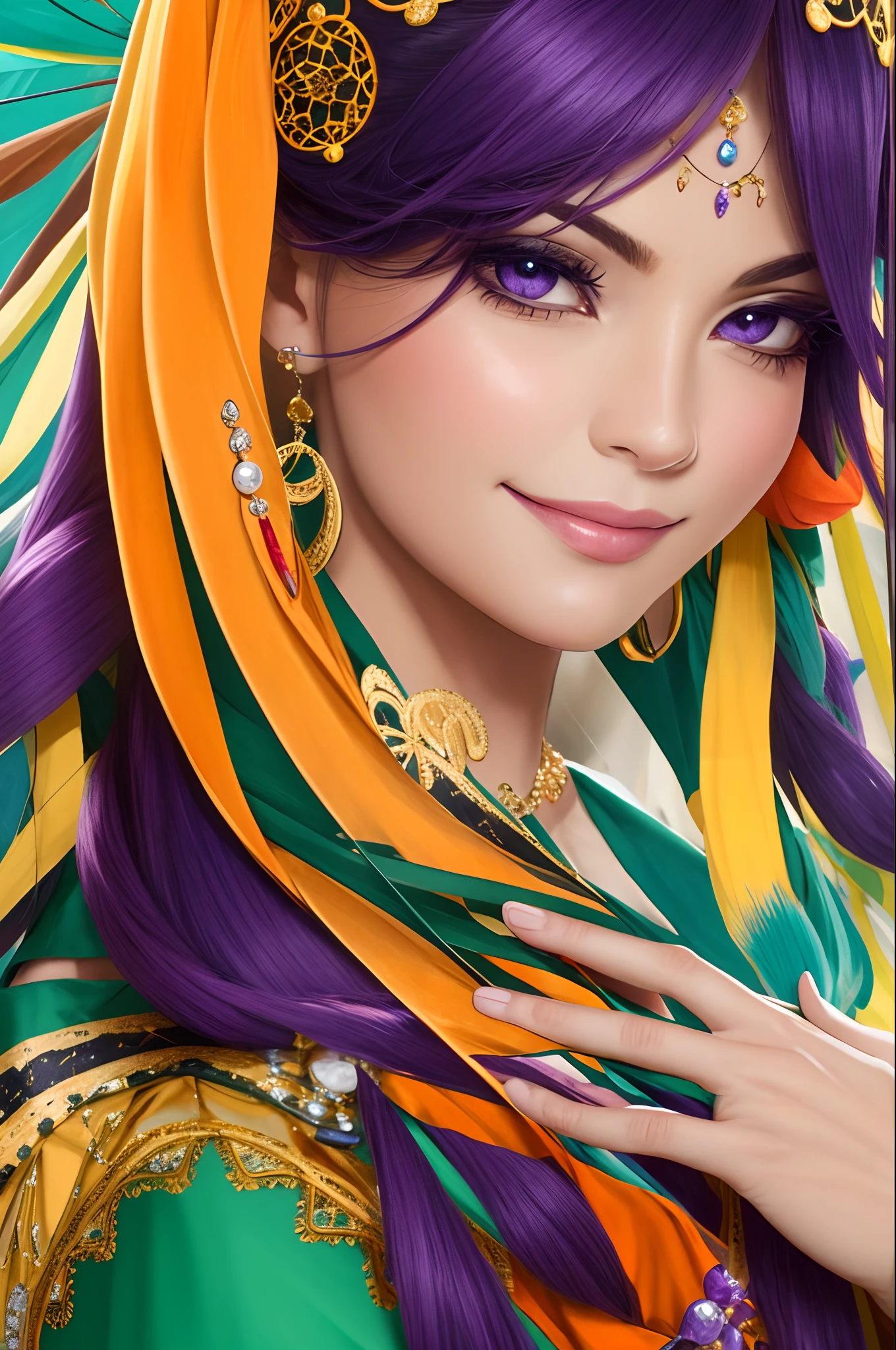 Purple Dreamcatcher, naranja y negro. Diosa. Detalle de cara perfecta. Ojos dorados grandes. roguish smirk.