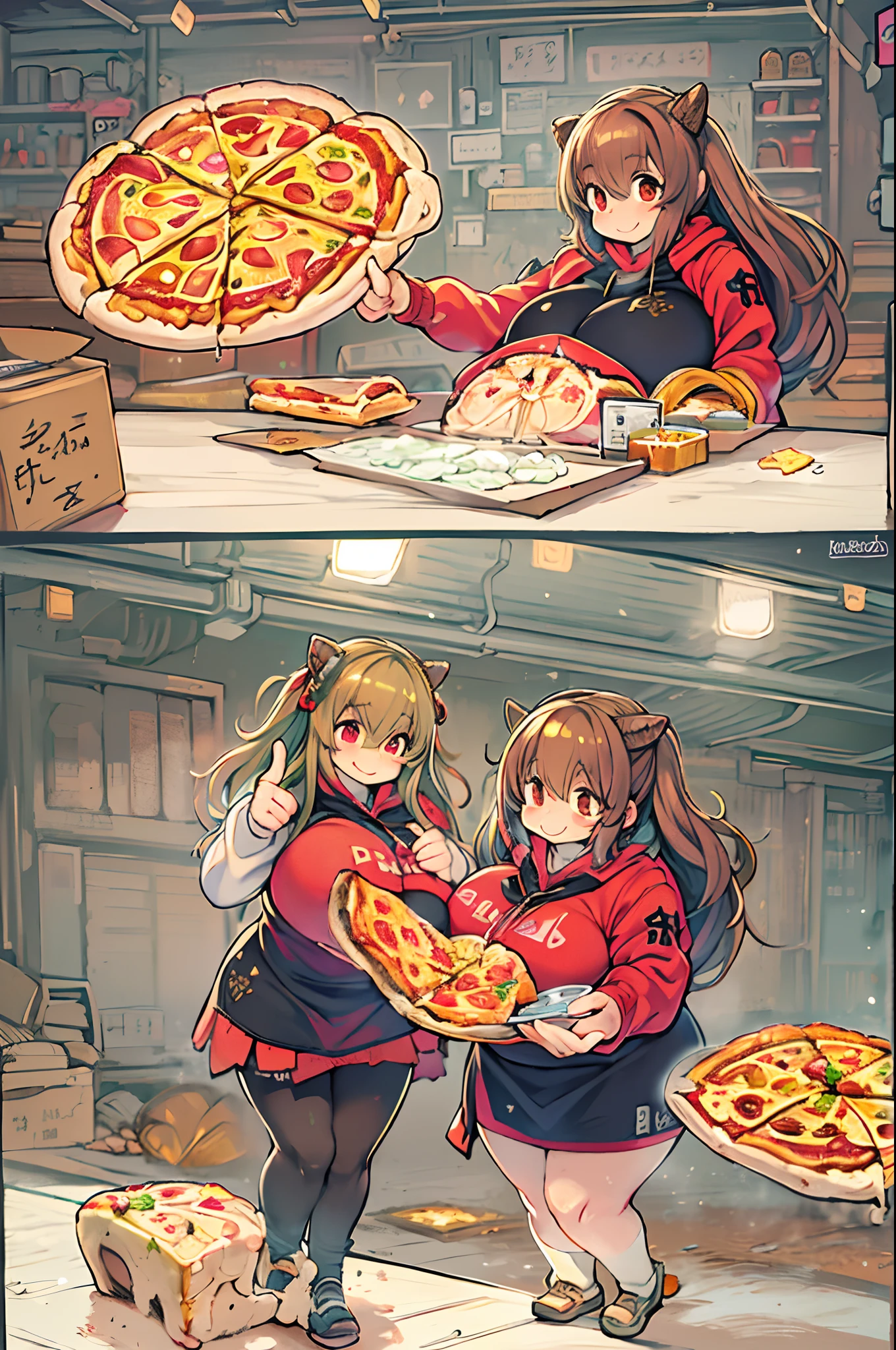masutepiece, Best Quality, 女の子1人、huge-breasted、bbw、Holding (Giant pizza slices)1.5、Thumbs up、huge smile、Plastic bottles of cola、