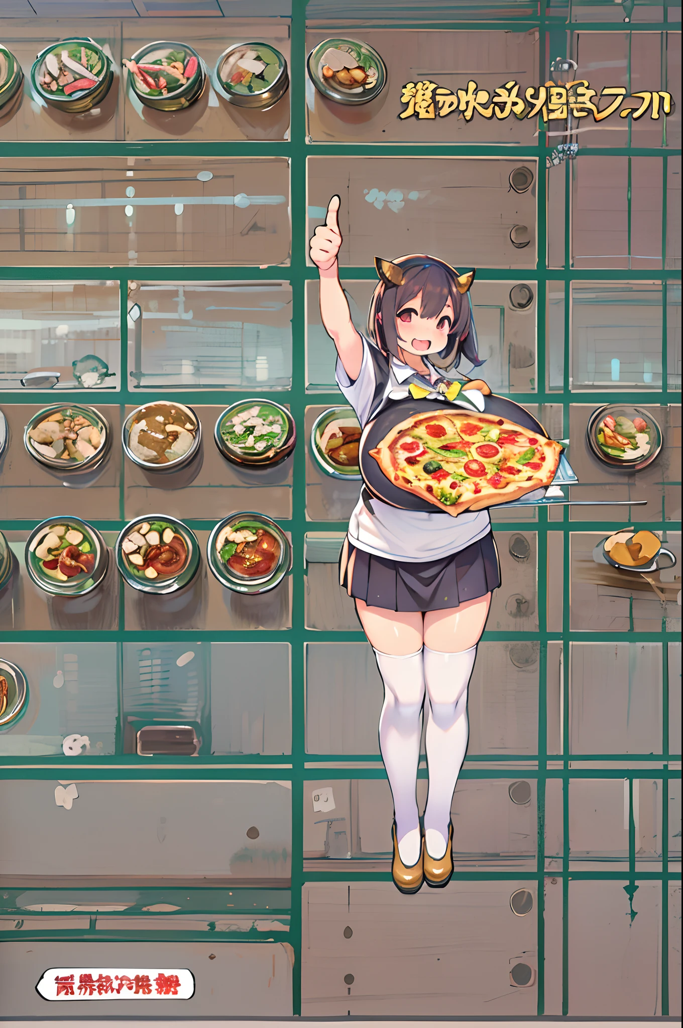 masutepiece, Best Quality, 女の子1人、huge-breasted、bbw、Holding (Giant pizza slices)1.5、Thumbs up、huge smile、Plastic bottles of cola、