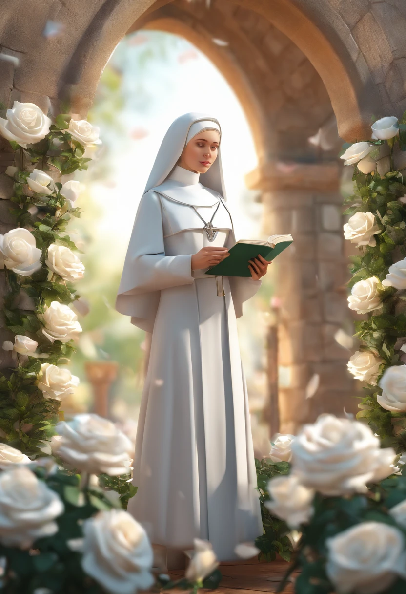 Nun girl 18 years old, Next to the well, Bushes of lush white roses, Rose petals, Hyper-realistic, Highly detailed