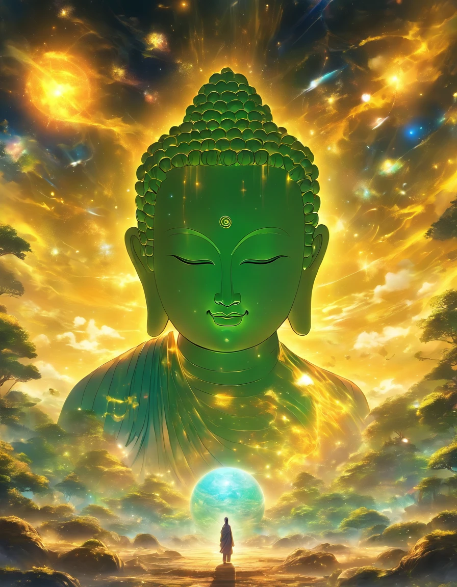 The huge transparent Buddha head is、Looking at the yellow planet in the soil of space,glow effect,OC rendering、Benefits