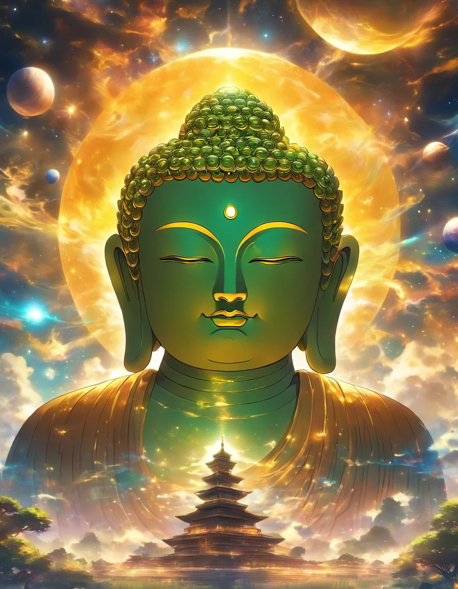 The huge transparent Buddha head is、Looking at the yellow planet in the soil of space，glow effect，OC rendering、Benefits