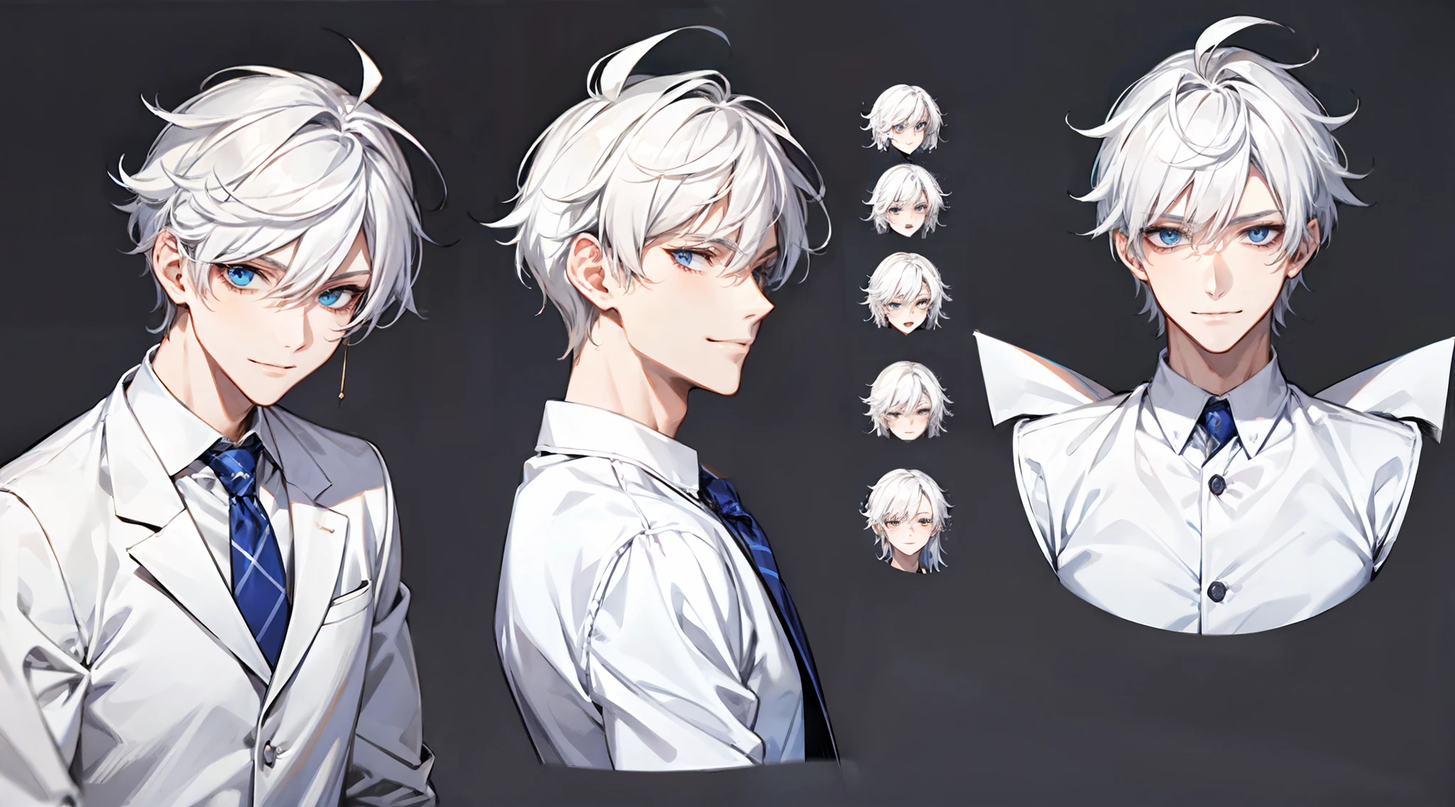 （（masterpiece）），（（（（best qualtiy））），（CharacterDesignSheet，Same character，frontage，Lateral face，on  back），cool boy，with short white hair，blue color eyes，smile wearing white shirt ，详细的脸，detailed hairs，（simple backgound，white backgrounid：1.3）
