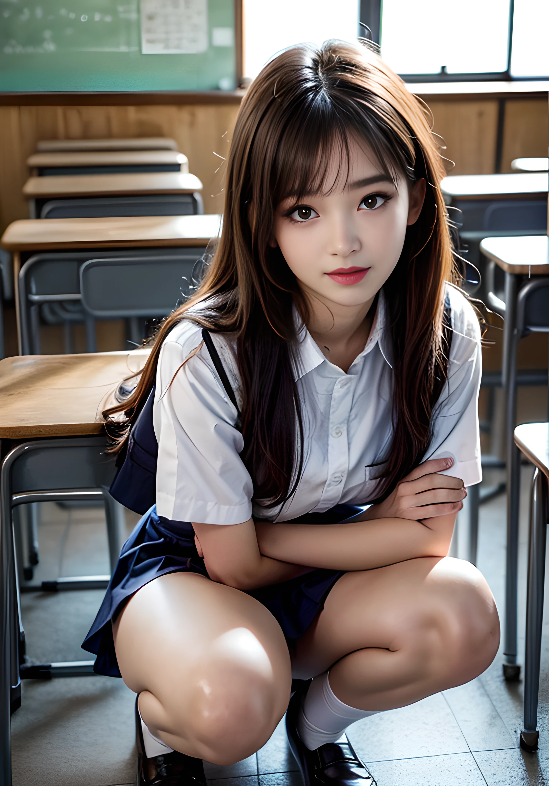 (8K high image quality), (top-quality), (RAW image quality),(masutepiece:1.2), (Realistic), (Photorealistic:1.37), ,largeeyes,long eyelasher,(Live-action realistic style),The Ultimate Face,Photorealistic light and shadow,Clear facial features,,Fair skin,Best portraits, 1-girl, Cute,Beautiful detailed eyes,highlydetailed skin,(Beautiful face with double eyelids), (Realism: 1.4),((fullbody image)) ,delicate and beautiful face,,Female about 20 years old,(Beautiful Face 1.4),Short hair,((Japan high school girl in uniform)),((Show your audience your best smile)),red lipsticks,Lame around the eyes,((Shot in the classroom)),(Squatting while showing panties),panties fully visible.,White panties,(I like to show my panties to viewers),(Show your panties to your audience),((Japan schoolgirl uniform)),((Brightly lit beautiful face)),red lipsticks,Lame around the eyes,Shooting at close range,Japan schoolgirl in uniform,,Shot up close,(The classroom is very bright with lighting)