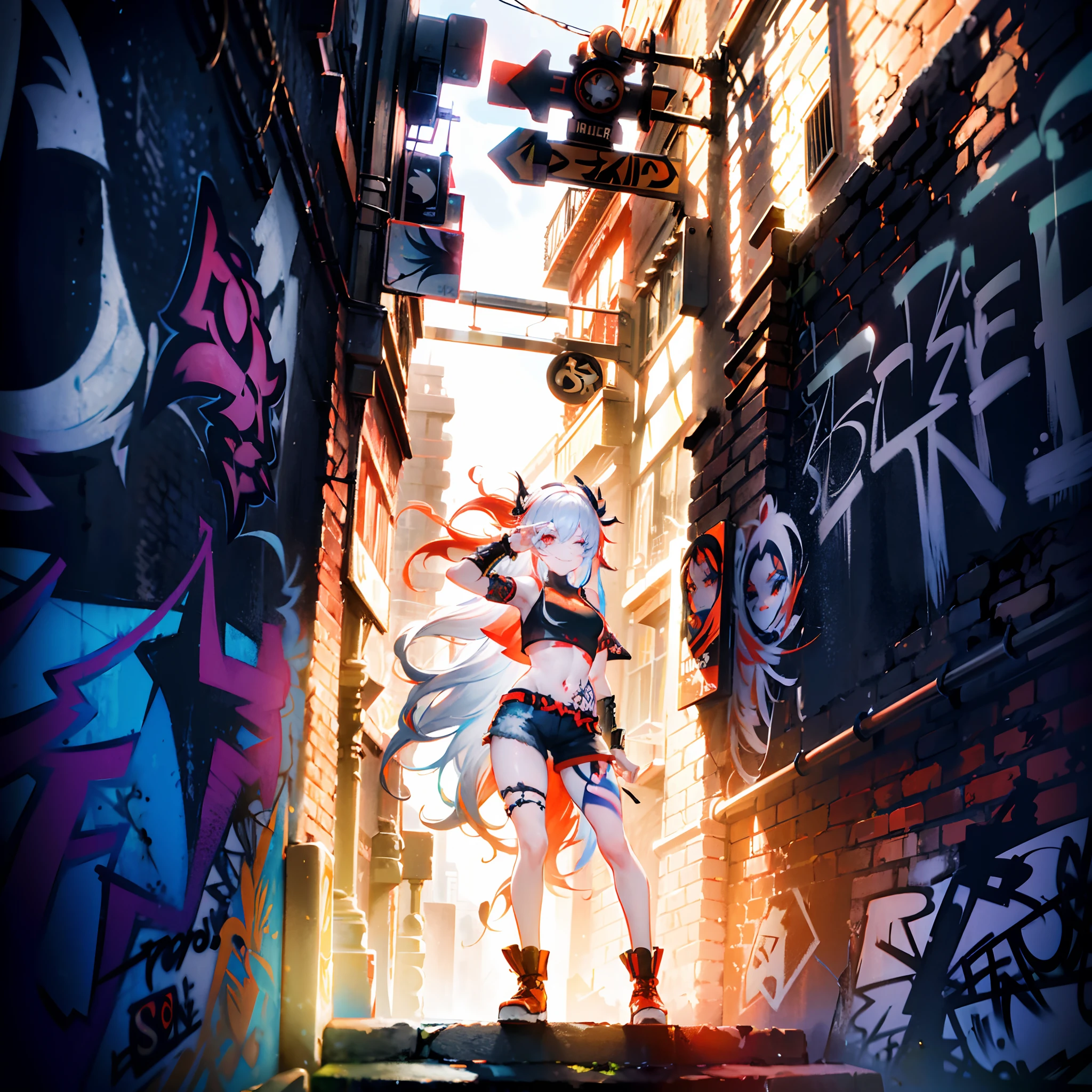 1 girl, solo, snow white hair with red tips, orange eyes, long hair, intricate glowing blue hairpin, fishnet street crop_top, short trousers grinning, smiling, winking, one_eye_closed, standing, posing, graffiti wall in background, tattoos on body
