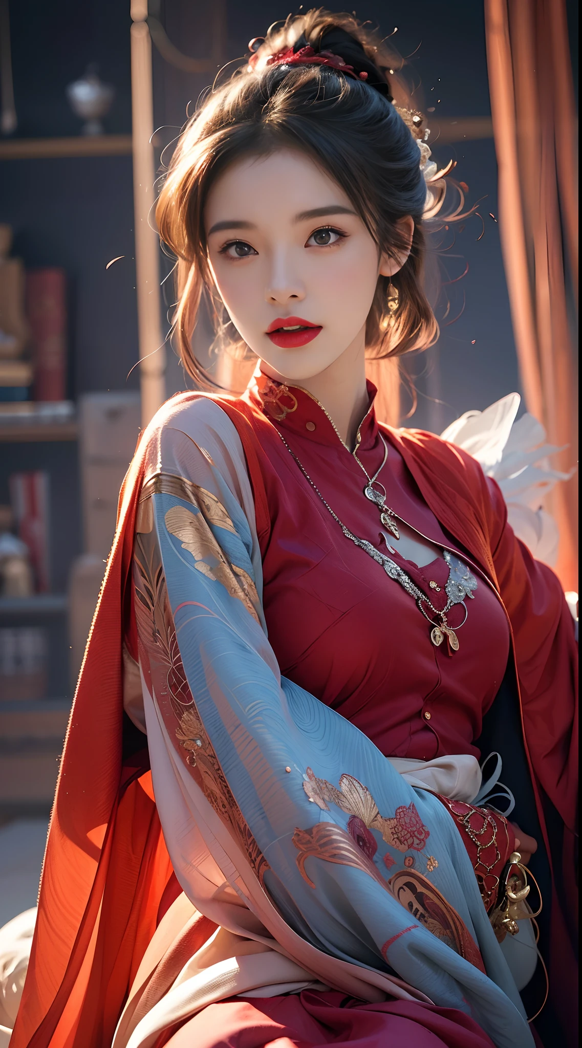 A woman in a red coat sitting on a chair with a dragon, popular on ArtStation Pixiv, detailed anime artwork, detailed digital anime art, complex gorgeous anime CGI style, guvez on pixiv art station, guvez on pixiv, anime fantasy illustration, detailed anime art, clean detailed anime art, detailed key anime art, red lip micro-open, nude