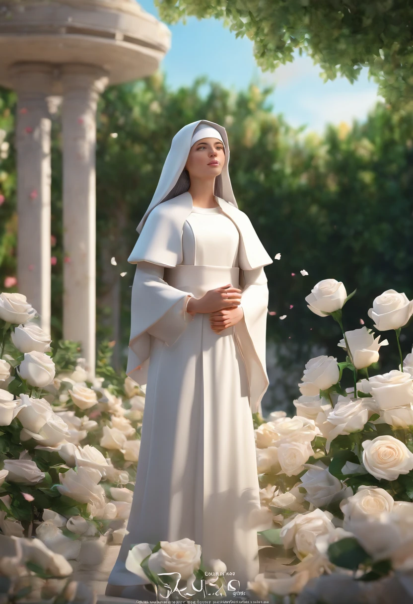 Nun girl 18 years old, Next to the well, Bushes of lush white roses, rose petals, Hyper-realistic, Highly detailed