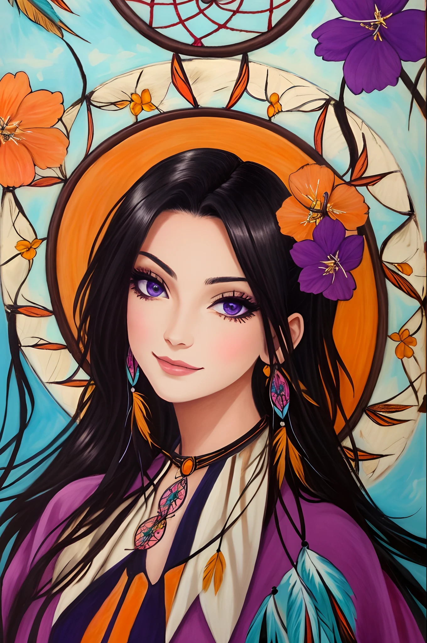 Purple Dreamcatcher, naranja y negro. Diosa. Detalle de cara perfecta. Ojos dorados grandes. roguish smirk.
