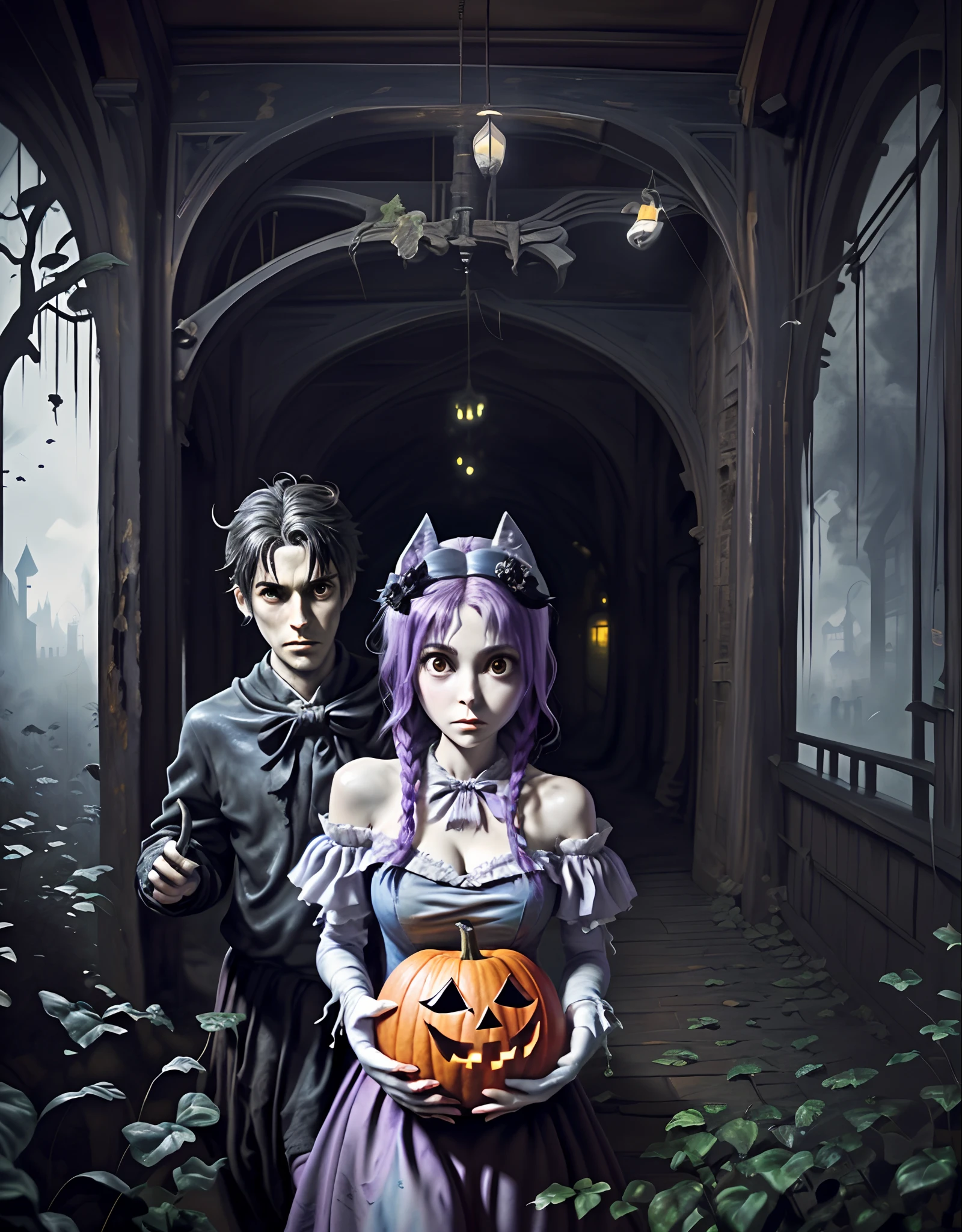 （The girl carries a bat on her left shoulder，He carries a large pumpkin on his right shoulder），Movie poster for Halloween girls, Cartoon, Cute, Fox, Background: Bat Castle, Blue-purple, Yellow light, the bats,,Photography,Clear facial features,concept art of character,Game scene graph,Aubrey Beardsley（Aubrey Beardsley）a beautiful painting,Franz Klein,Pixar style,Vinyl figures,Caricature,illustration,Masterpiece,Cave art,Matte painting,wet paint,magic realism,Blame the core,Fever-Dream,Cartoon,anime big breast,Manga,kawaii,Horror anime,Image courtesy of Mario Bawa（Mario Bava）of works,mystical ambiance,Refined atmosphere,Intense atmosphere, Festive atmosphere, Gothic Atmosphere, illusory engine,Quixel Megascans Render,v-ray,UE5,Depth of field (degrees of freedom),full bodyesbian,Medium Shot Shot,Mood lighting, --Original style --Glass