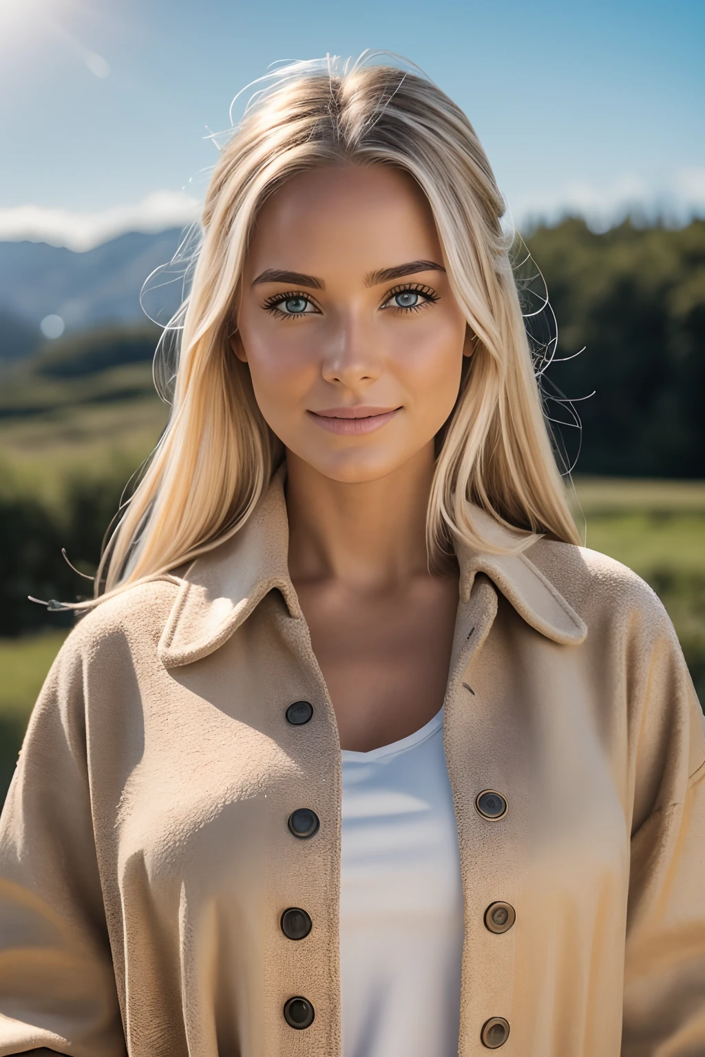 Corps entier, Hyper-realistic and detailed shot of a blonde woman .souriante de 25 ans portant un long manteau et une mini jupe. outside. Le soleil brille. Des yeux parfaits, (maquillage des yeux:1.1), (seins parfaits), (Highly detailed skin:1.1), .......RAW, style analogique, mise au point nette, 8K UHD, DSLR, High quality, Fujifilm XT3, grain, award winning, Masterpiece, Objectif 50mm, corps entier