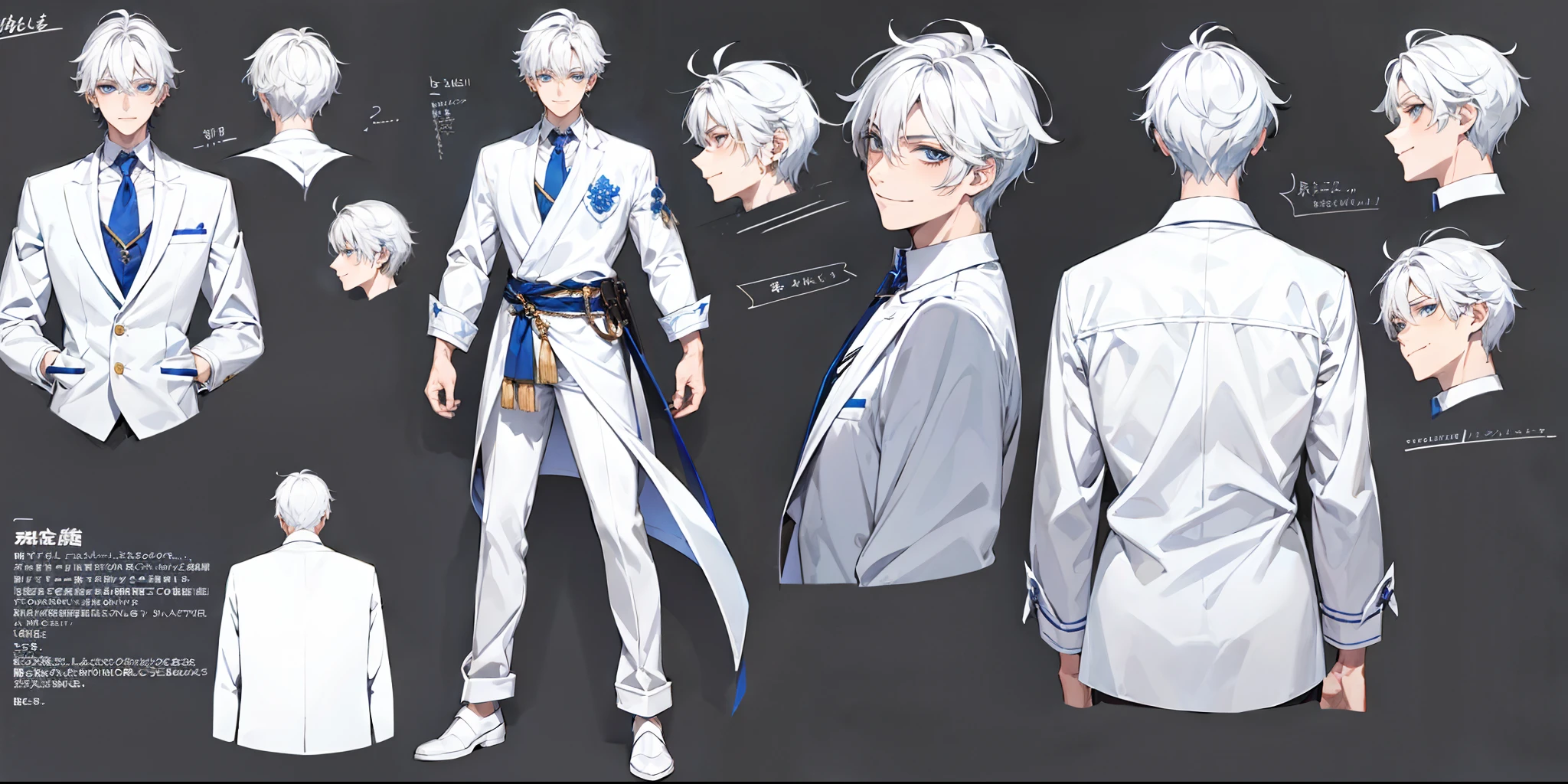 ((masterpiece)),((((best qualtiy))),(CharacterDesignSheet),Same character,frontage,Lateral face,on back),cool boy,with short white hair,blue color eyes,smile wearing white shirt ,详细的脸,detailed hairs,line arts ,(simple backgound,white backgrounid:1.3)full body detailed,